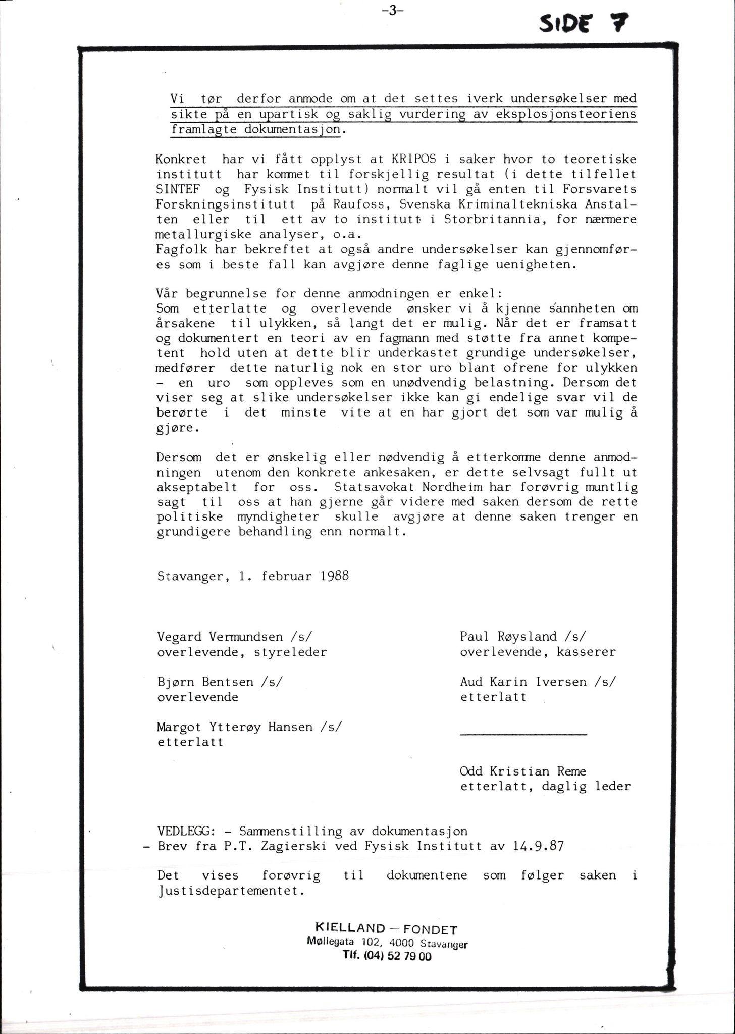 Pa 1660 - Kielland- fondet, AV/SAST-A-102242/X/Xa/L0001: Rapport til overlevende og etterlatte/ Kielland Bulletin, 1980-1998