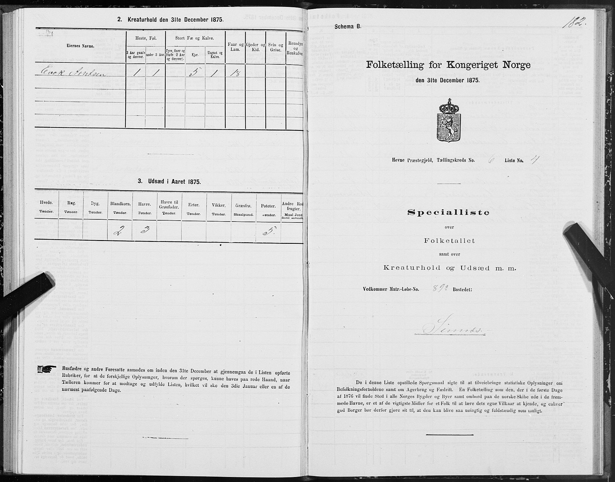 SAT, 1875 census for 1612P Hemne, 1875, p. 3182