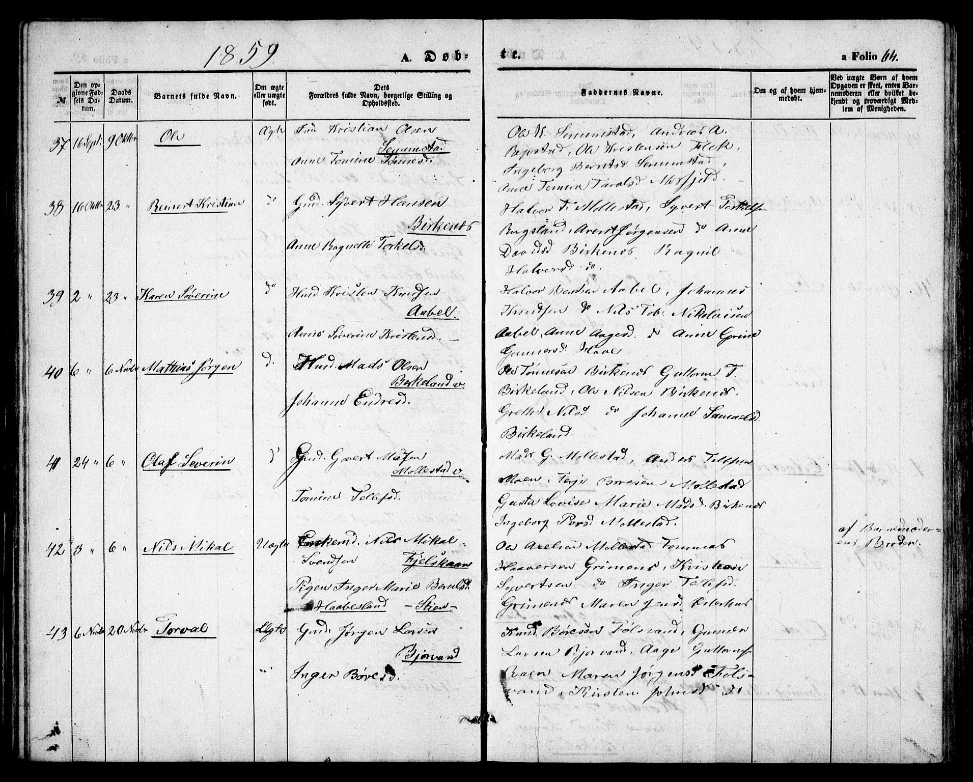 Birkenes sokneprestkontor, SAK/1111-0004/F/Fb/L0002: Parish register (copy) no. B 2, 1849-1876, p. 64