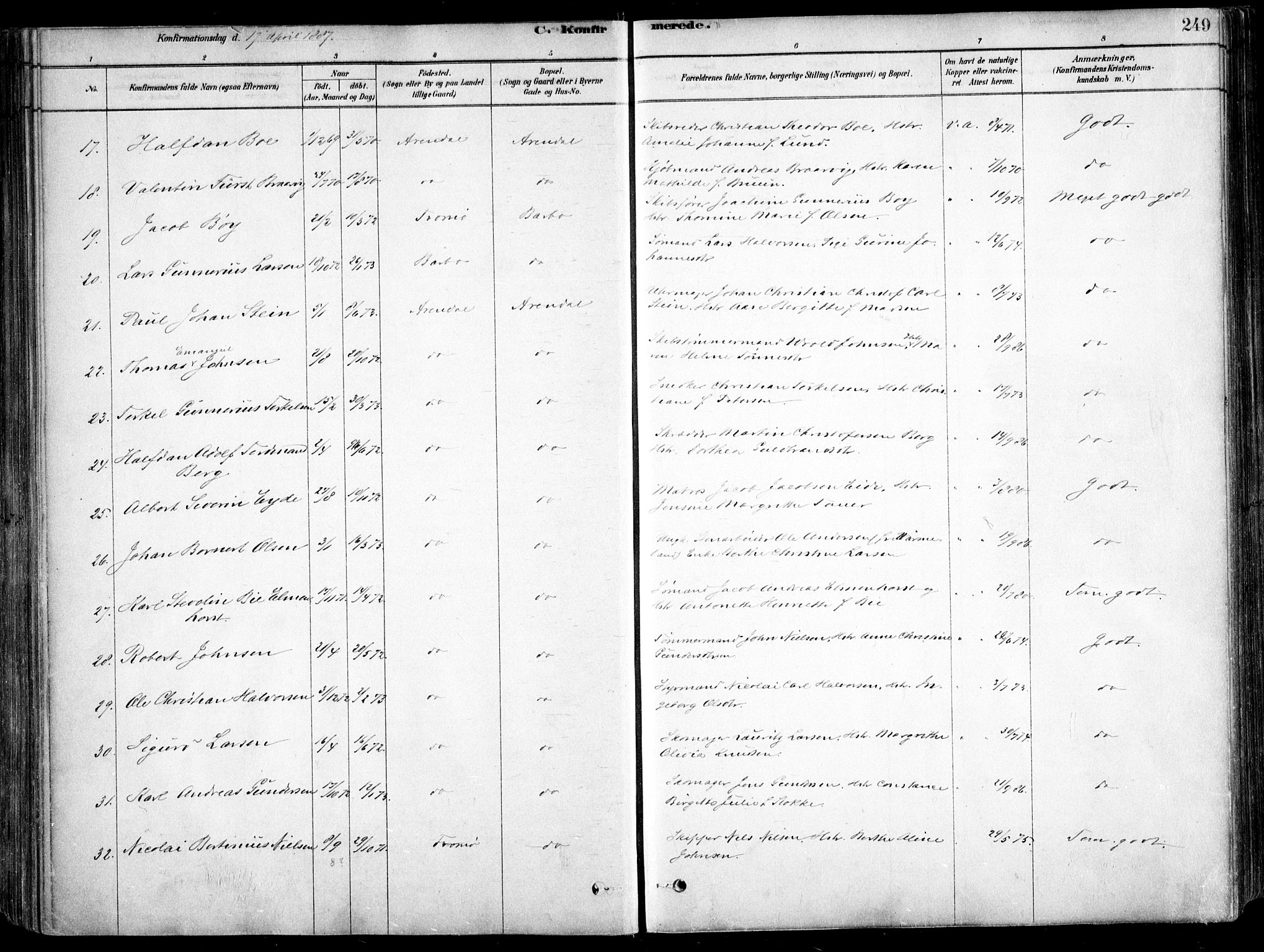 Arendal sokneprestkontor, Trefoldighet, AV/SAK-1111-0040/F/Fa/L0008: Parish register (official) no. A 8, 1878-1899, p. 249