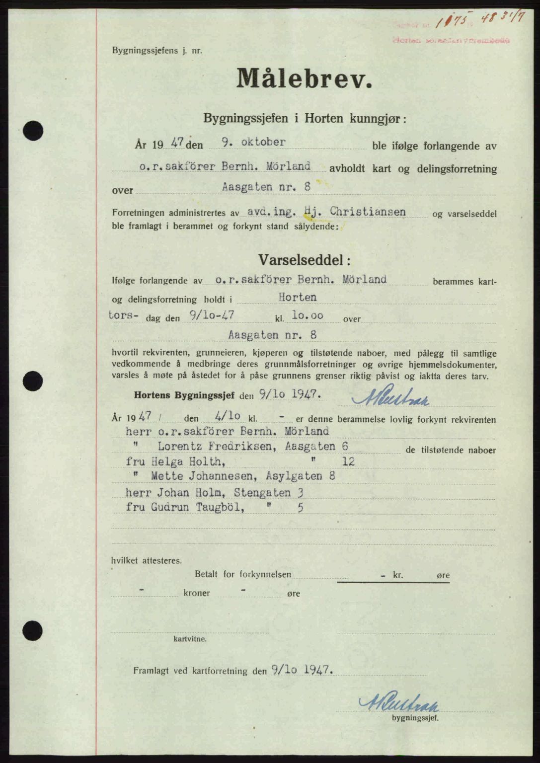 Horten sorenskriveri, AV/SAKO-A-133/G/Ga/Gaa/L0010: Mortgage book no. A-10, 1947-1948, Diary no: : 1175/1948