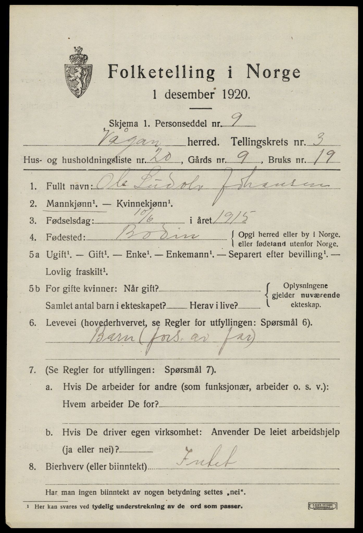 SAT, 1920 census for Vågan, 1920, p. 2835