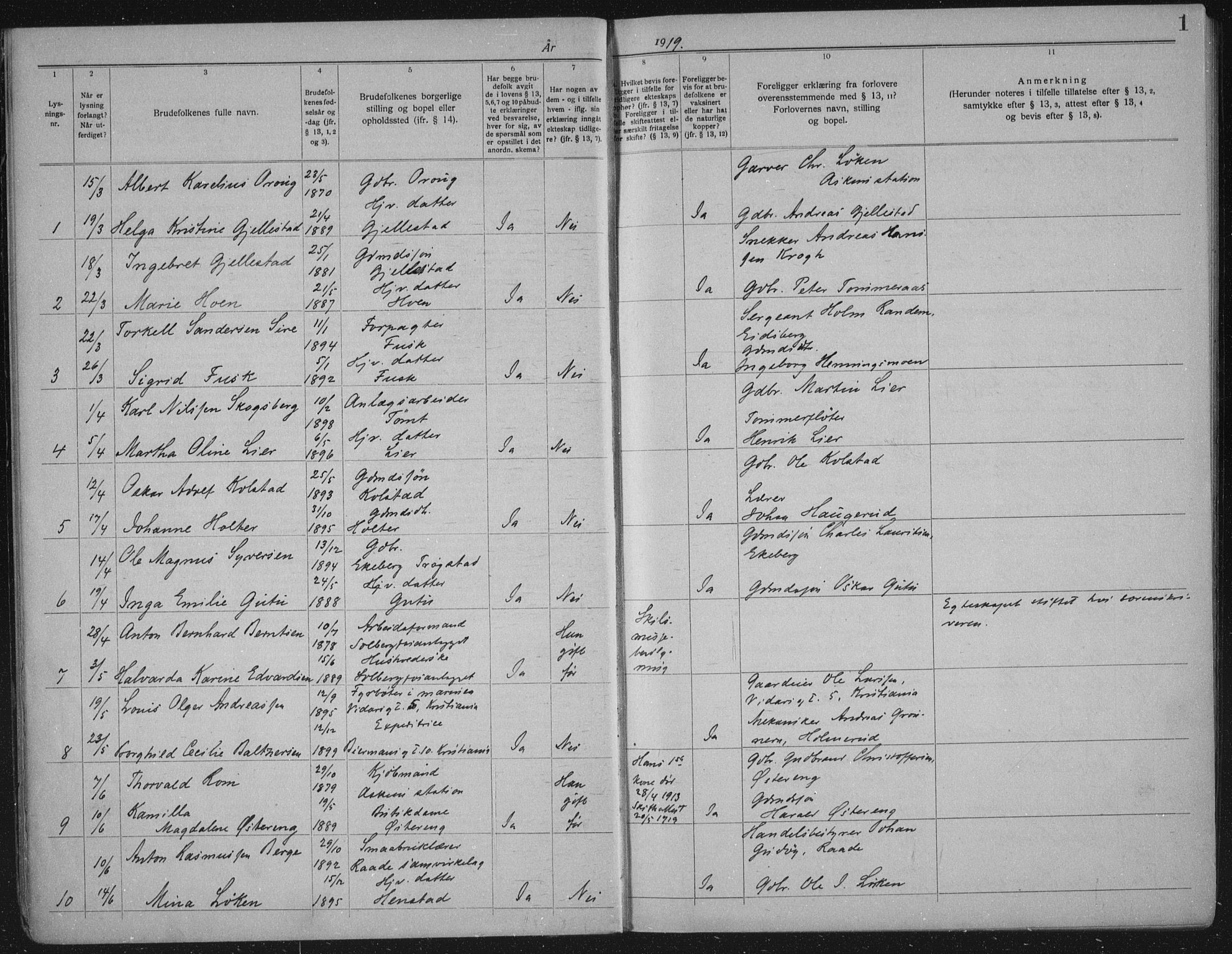 Askim prestekontor Kirkebøker, SAO/A-10900/H/Ha/L0001: Banns register no. 1, 1919-1941, p. 1