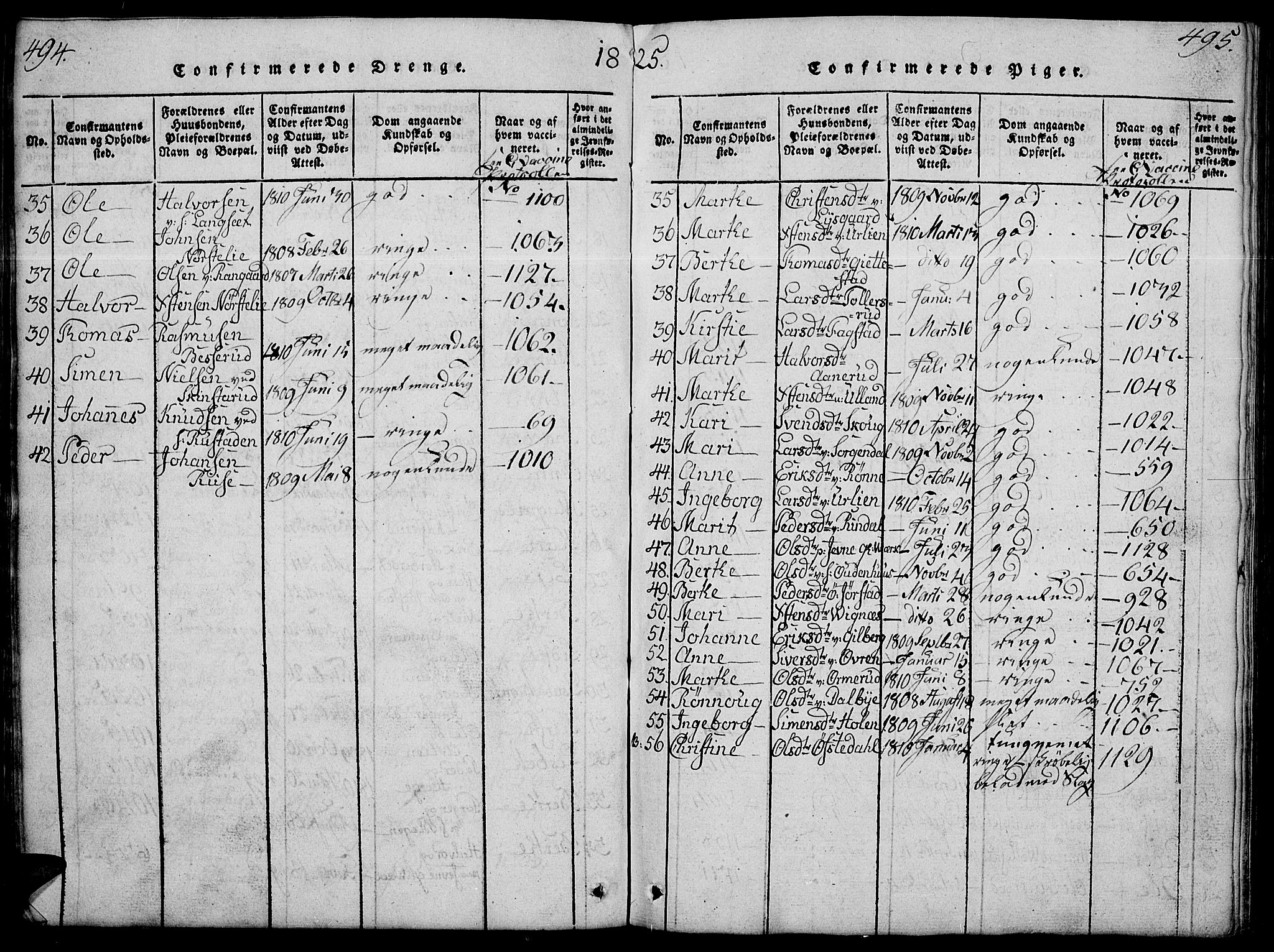 Fåberg prestekontor, SAH/PREST-086/H/Ha/Hab/L0004: Parish register (copy) no. 4, 1818-1837, p. 494-495