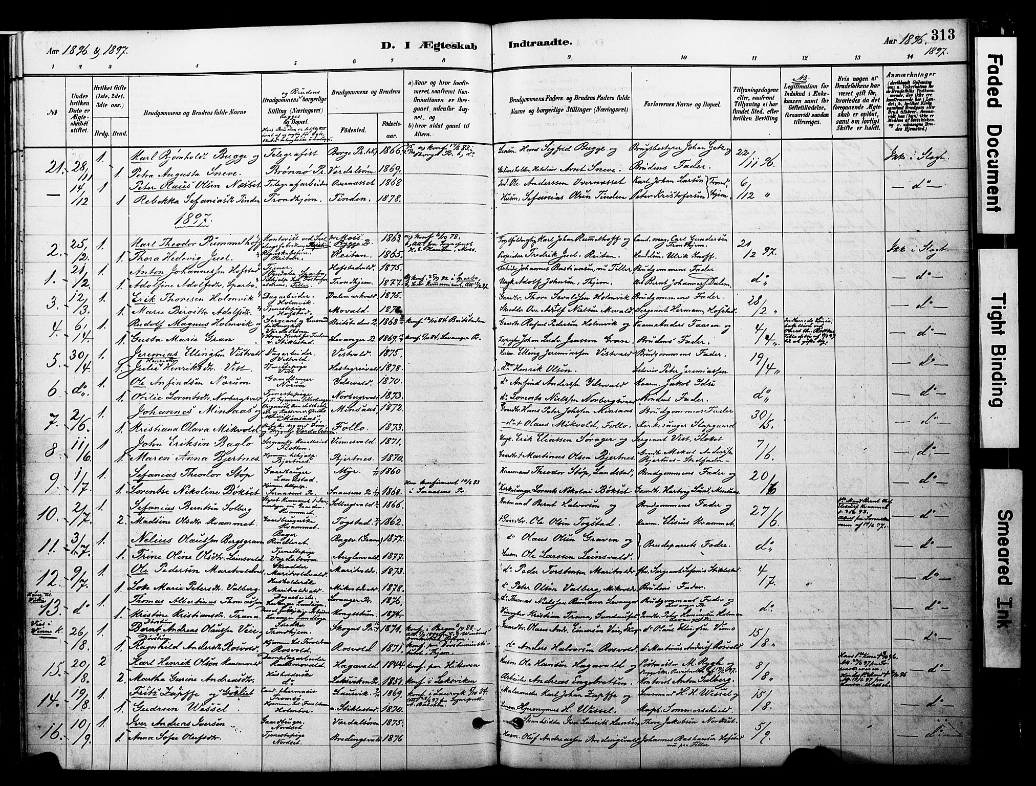 Ministerialprotokoller, klokkerbøker og fødselsregistre - Nord-Trøndelag, AV/SAT-A-1458/723/L0244: Parish register (official) no. 723A13, 1881-1899, p. 313