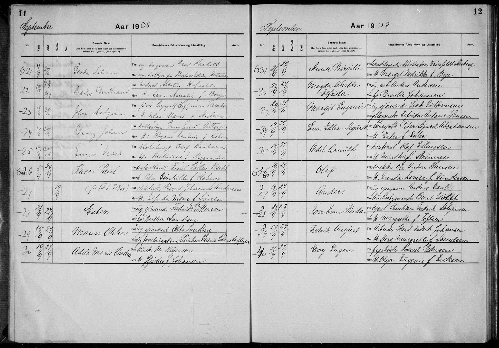 Rikshospitalet prestekontor Kirkebøker, AV/SAO-A-10309b/K/L0006/0003: Baptism register no. 6.3, 1908-1910, p. 11-12