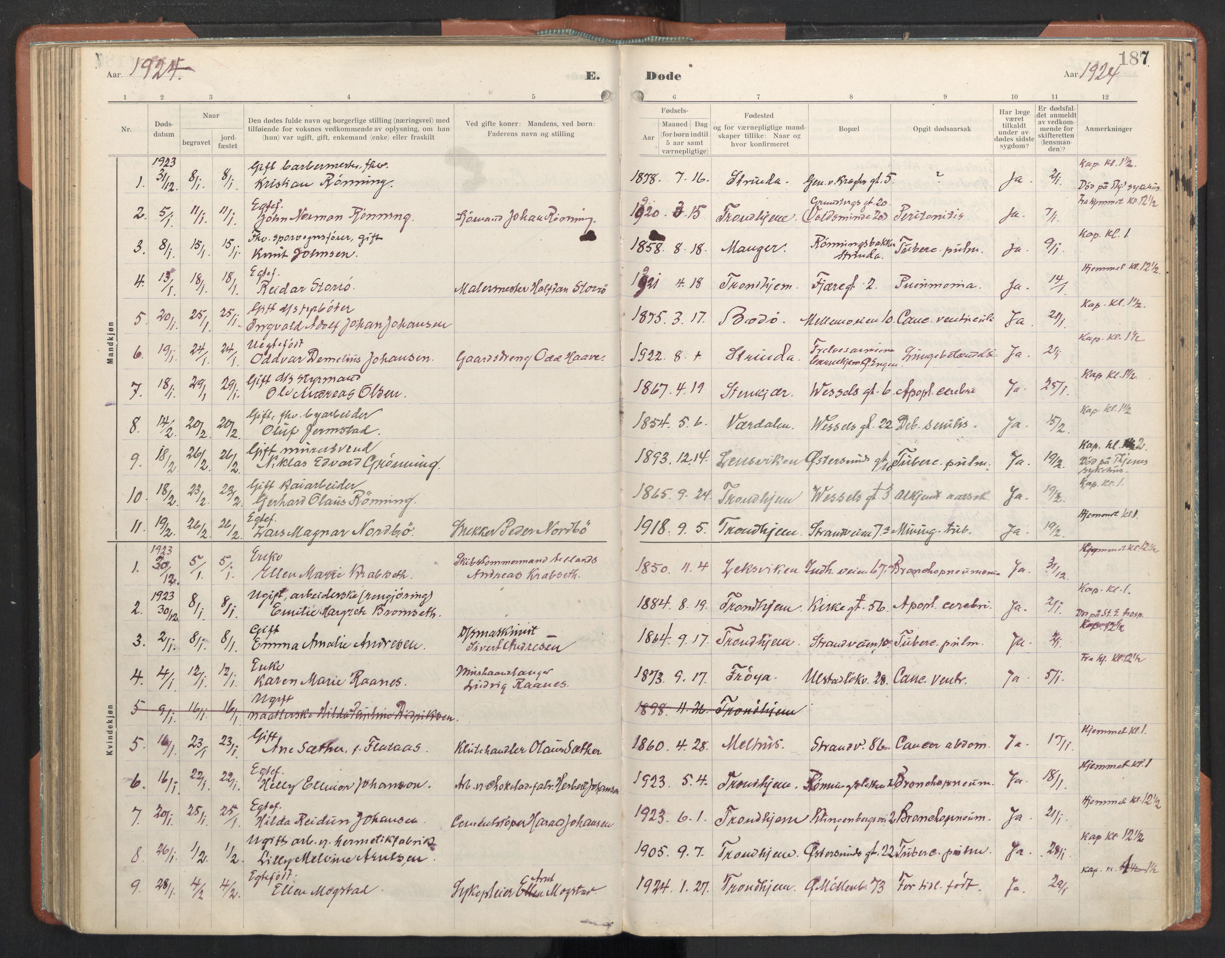 Ministerialprotokoller, klokkerbøker og fødselsregistre - Sør-Trøndelag, SAT/A-1456/605/L0245: Parish register (official) no. 605A07, 1916-1938, p. 187