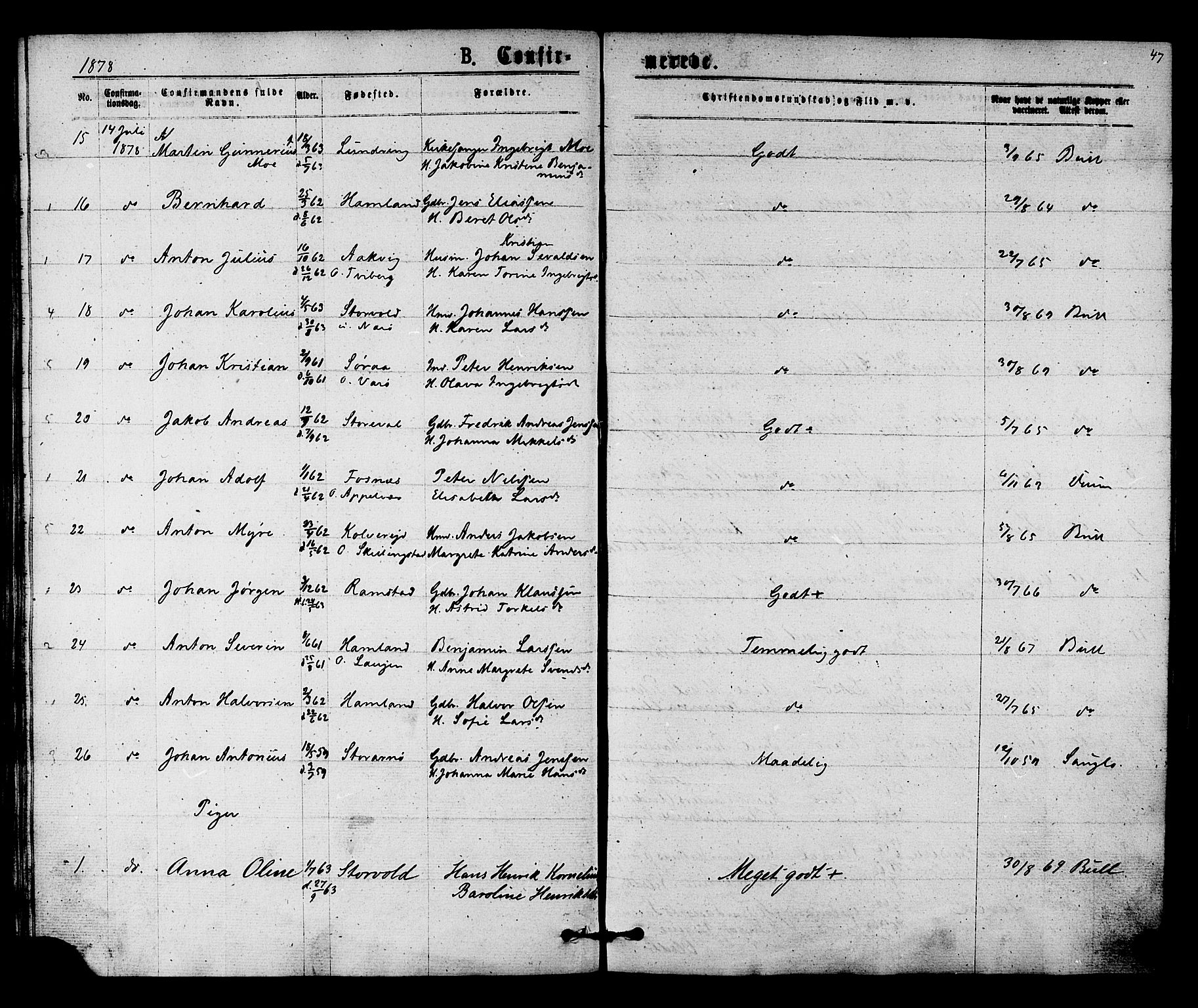 Ministerialprotokoller, klokkerbøker og fødselsregistre - Nord-Trøndelag, SAT/A-1458/784/L0671: Parish register (official) no. 784A06, 1876-1879, p. 47