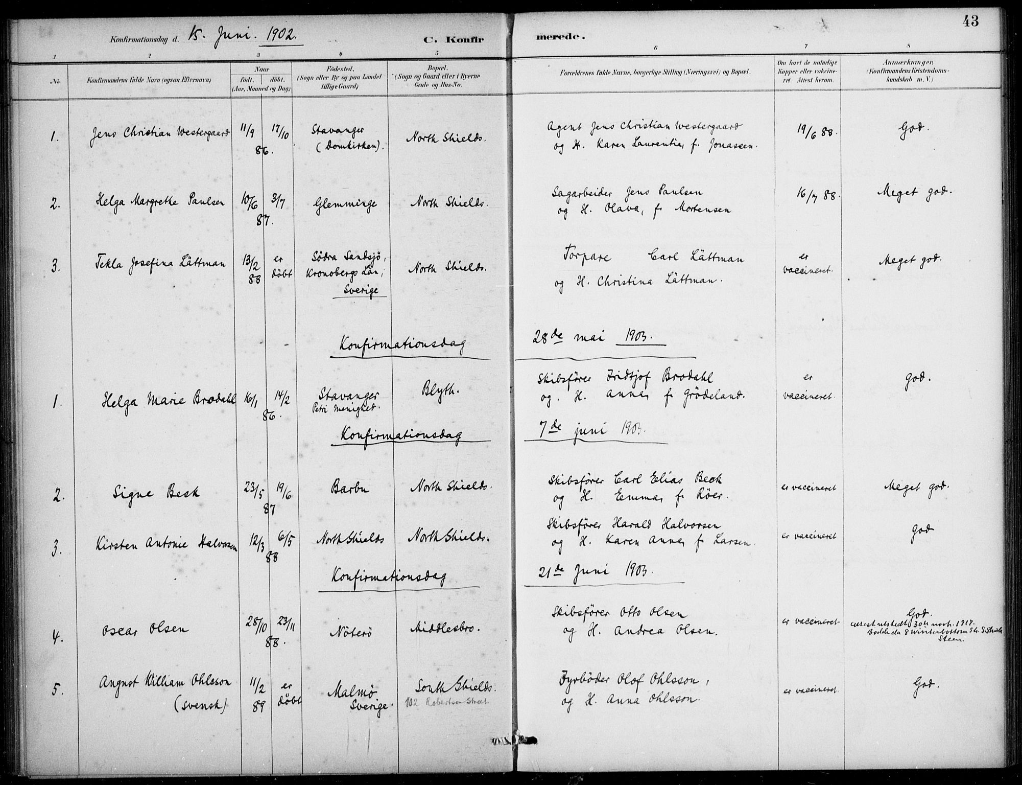 Den norske sjømannsmisjon i utlandet/Tyne-havnene (North Shields og New Castle), SAB/SAB/PA-0101/H/Ha/L0002: Parish register (official) no. A 2, 1883-1938, p. 43