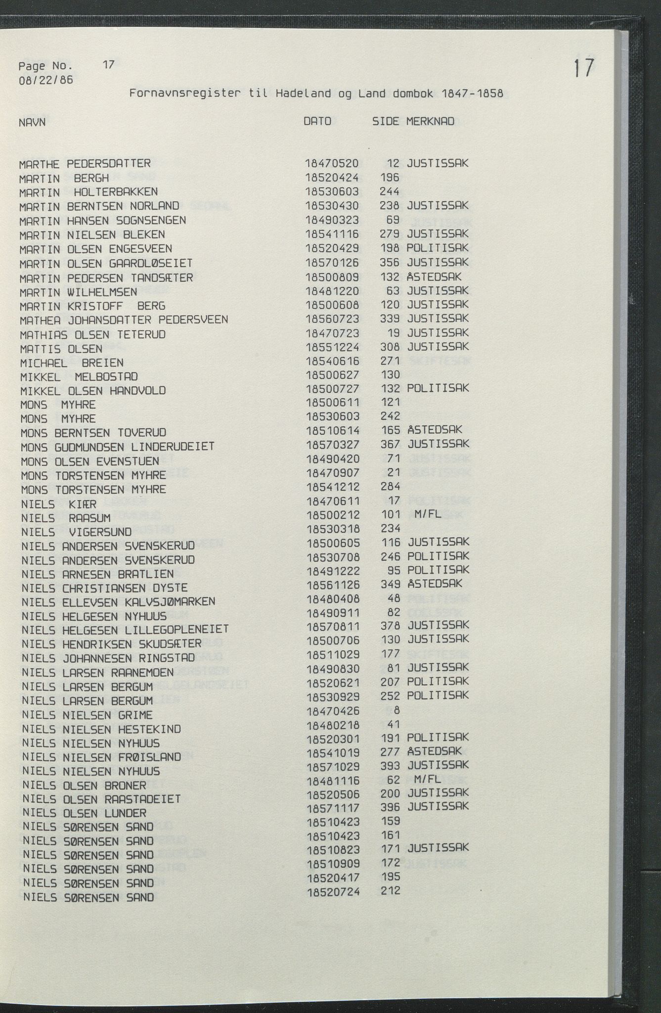 Statsarkivet i Hamar, AV/SAH-SAH-001/H/Hb/L0001/0004: Egne registre og hjelpemidler / Register  til Hadeland og Land sorenskriveri dombok 1 (1847 - 1858), 1847-1858, p. 17