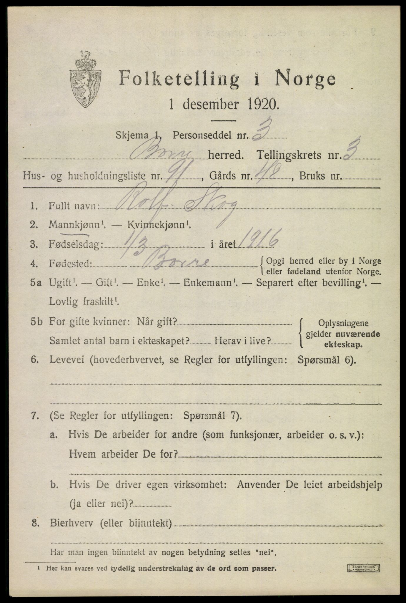 SAKO, 1920 census for Borre, 1920, p. 7110