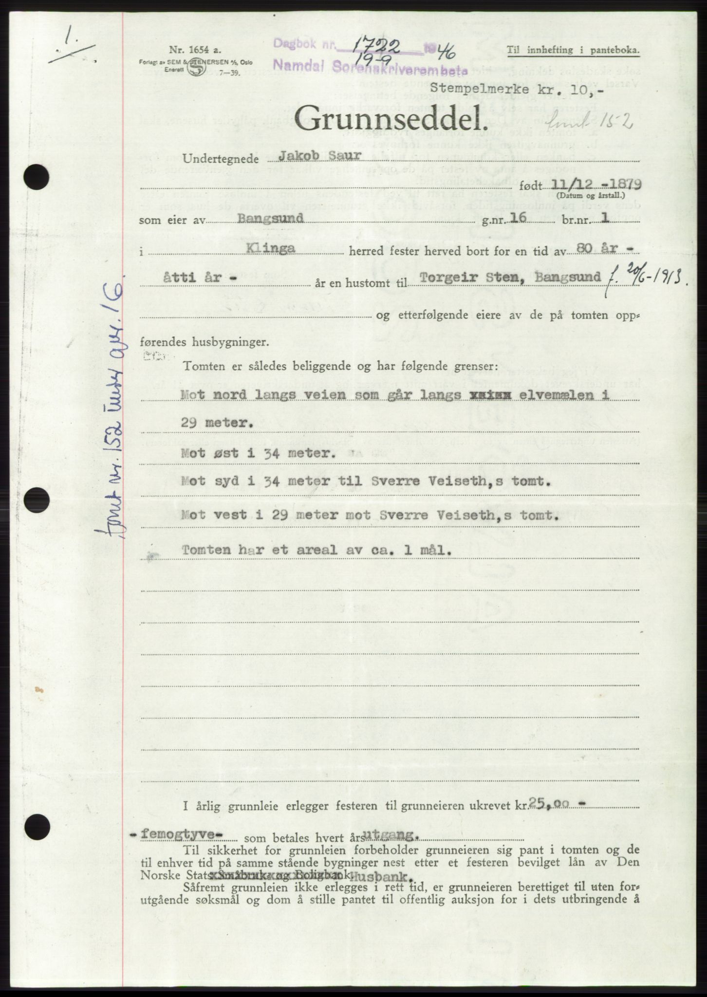 Namdal sorenskriveri, SAT/A-4133/1/2/2C: Mortgage book no. -, 1946-1947, Diary no: : 1722/1946