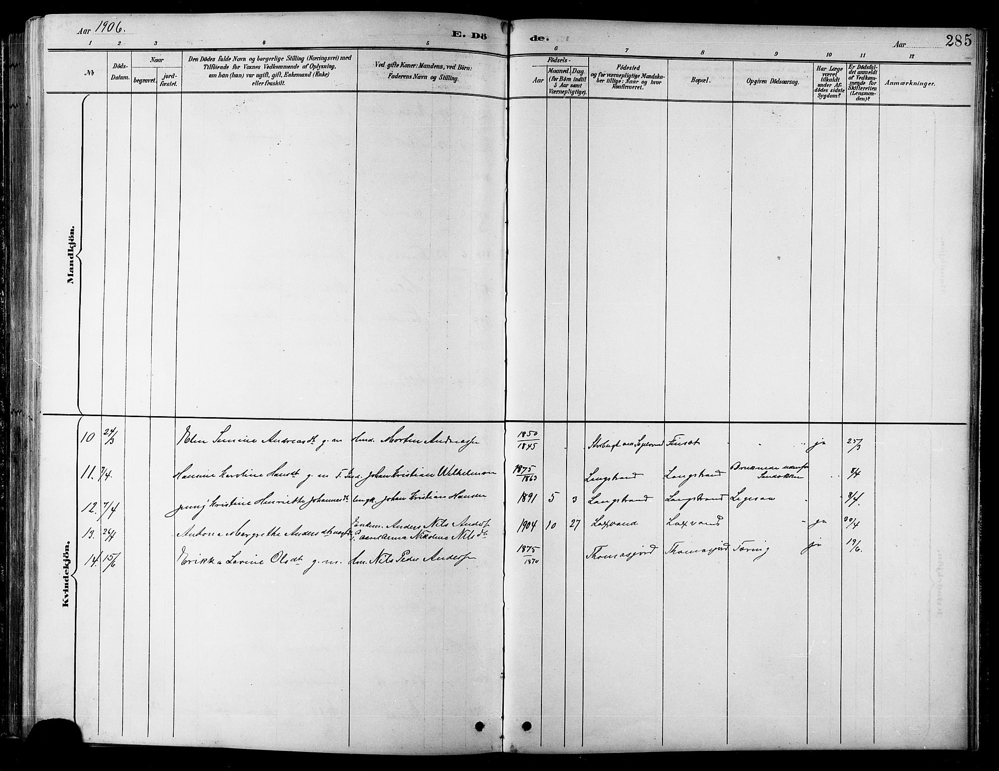 Balsfjord sokneprestembete, SATØ/S-1303/G/Ga/L0008klokker: Parish register (copy) no. 8, 1890-1906, p. 285