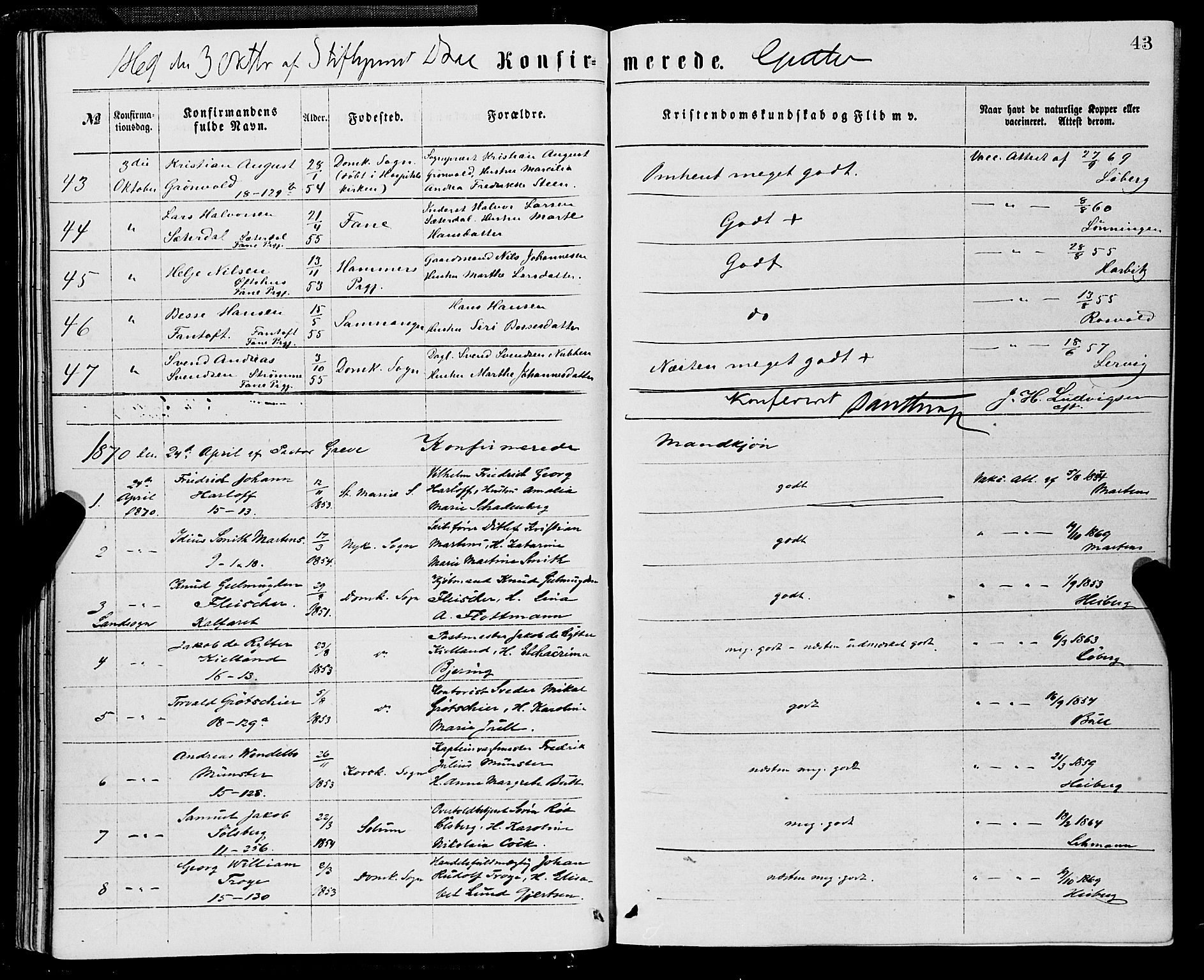 Domkirken sokneprestembete, SAB/A-74801/H/Haa/L0029: Parish register (official) no. C 4, 1864-1879, p. 43