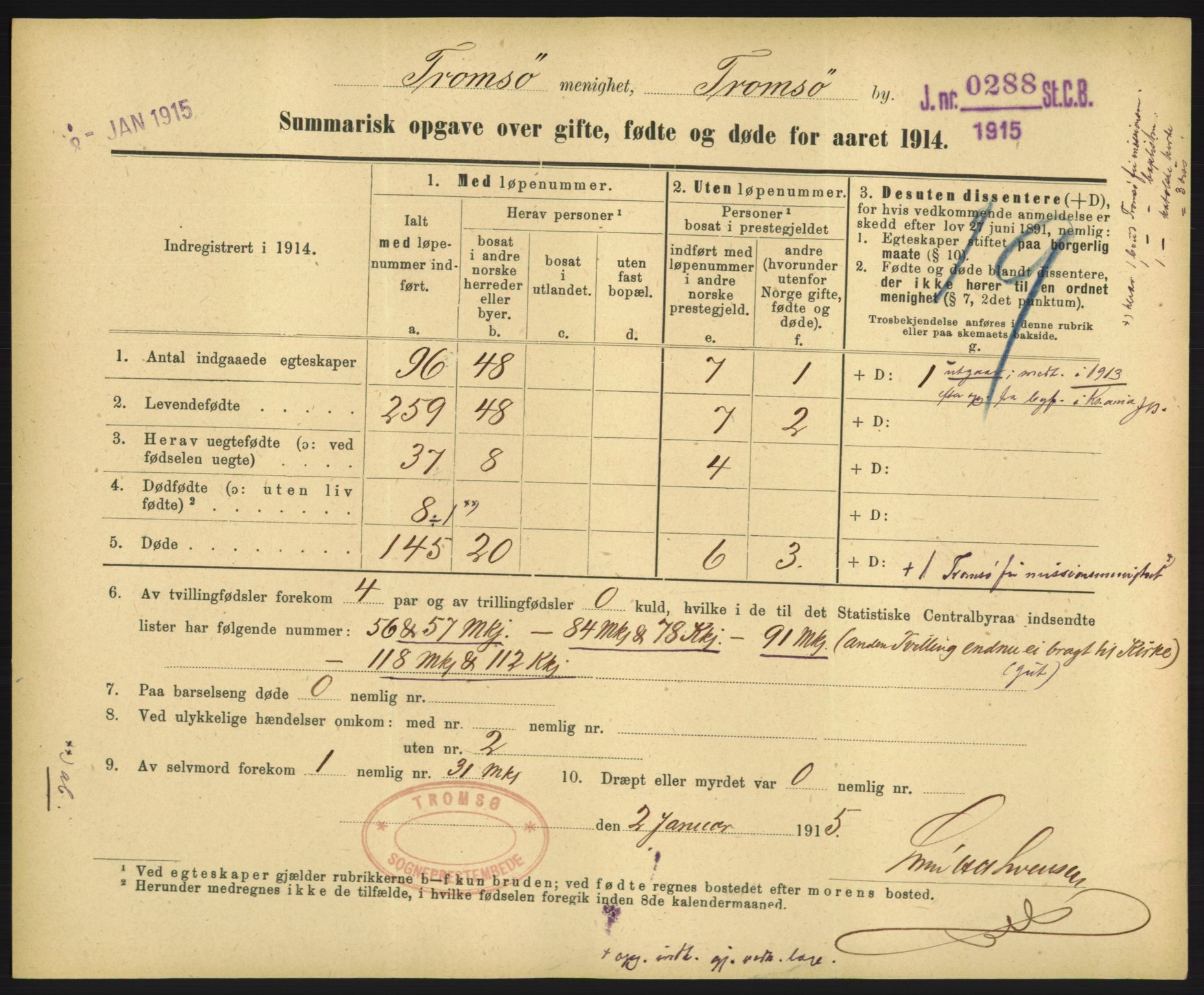 Statistisk sentralbyrå, Sosiodemografiske emner, Befolkning, RA/S-2228/D/Df/Dfb/Dfbd/L0049: Summariske oppgaver over gifte, døde og fødte for hele landet., 1914, p. 1557