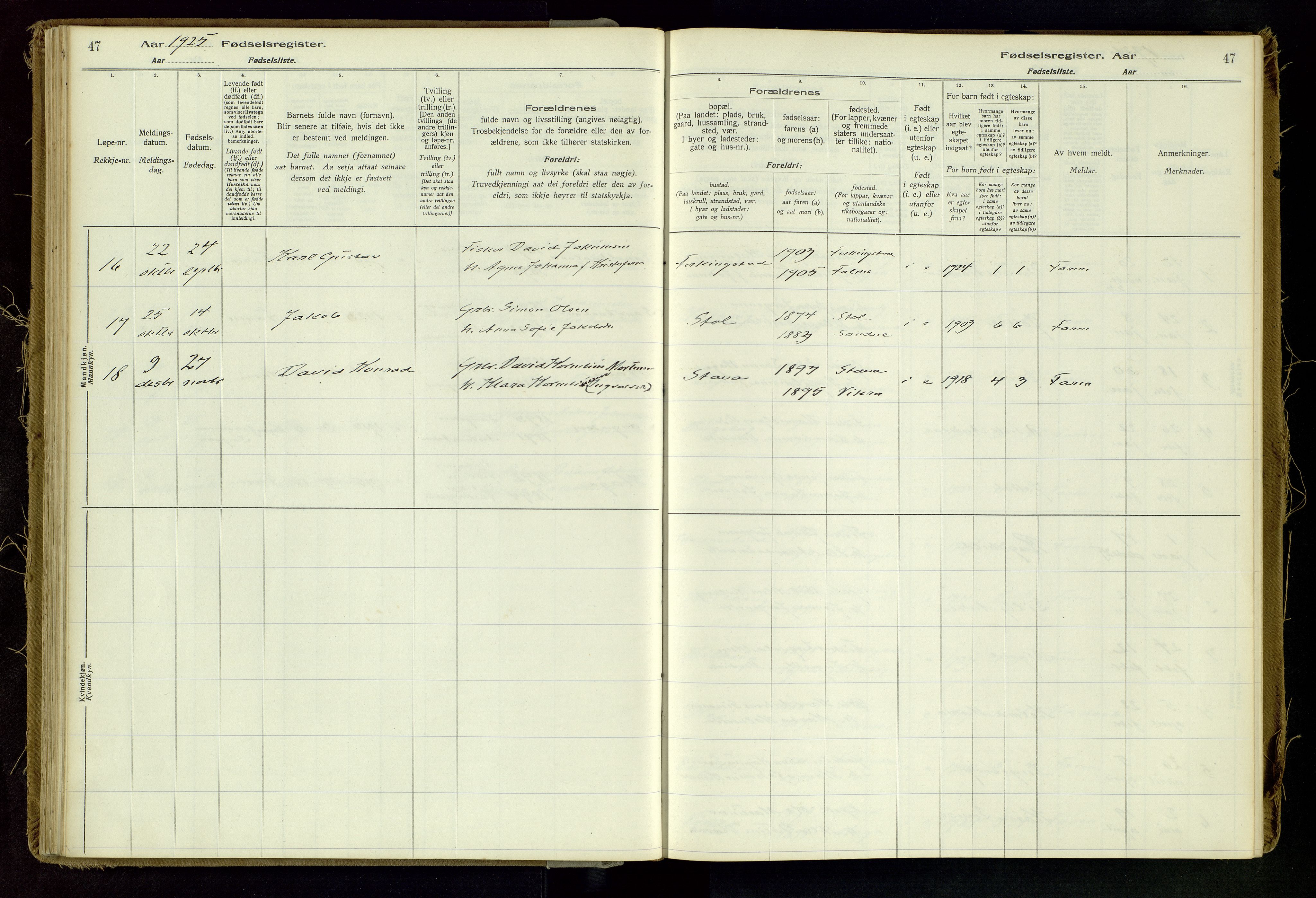 Skudenes sokneprestkontor, SAST/A -101849/I/Id/L0002: Birth register no. 2, 1916-1962, p. 47