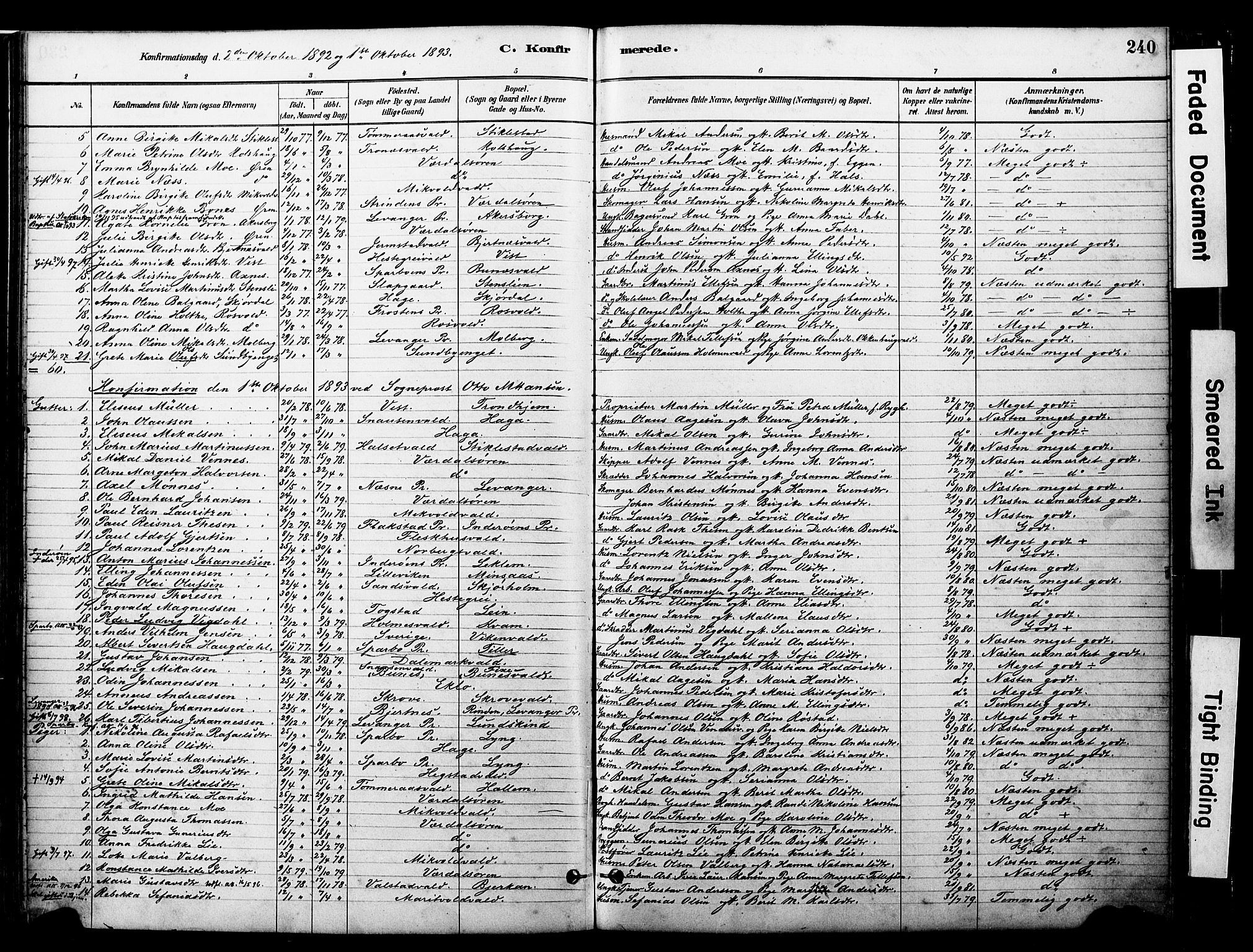 Ministerialprotokoller, klokkerbøker og fødselsregistre - Nord-Trøndelag, SAT/A-1458/723/L0244: Parish register (official) no. 723A13, 1881-1899, p. 240