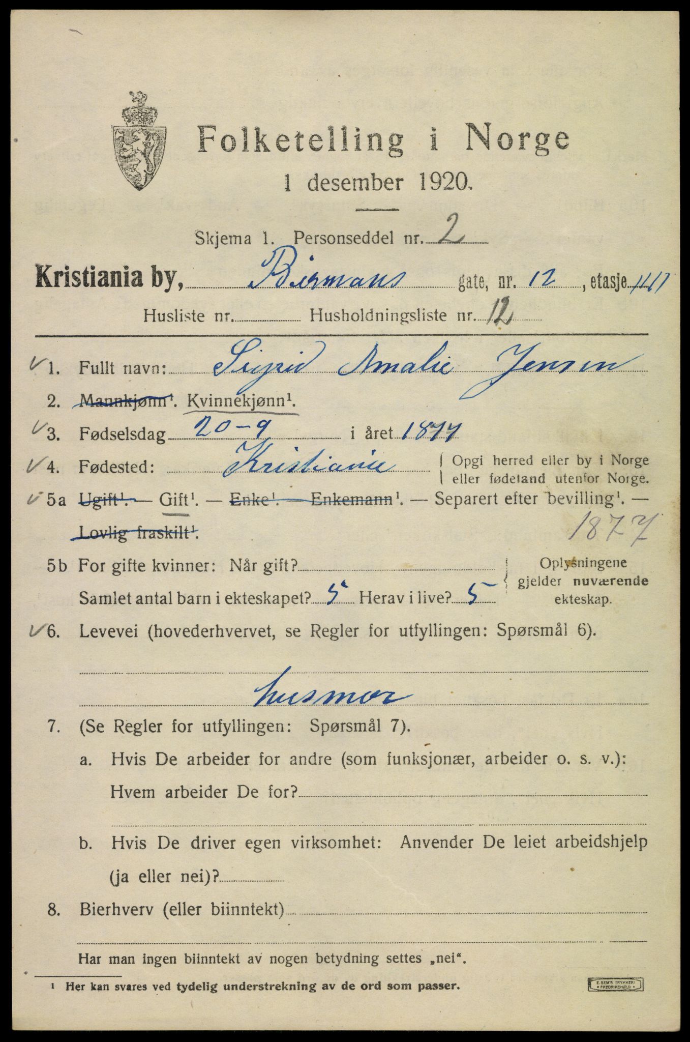 SAO, 1920 census for Kristiania, 1920, p. 155851