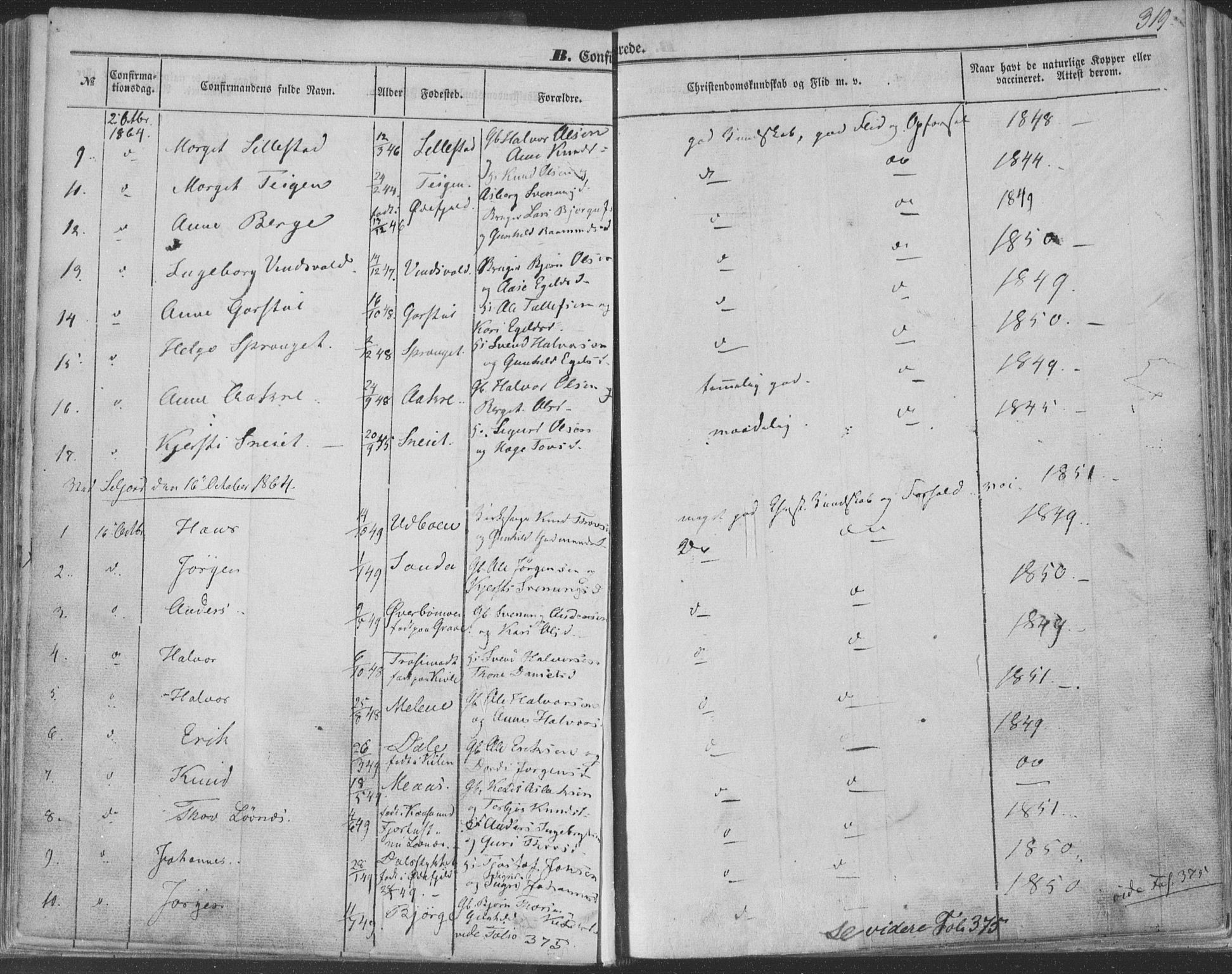 Seljord kirkebøker, SAKO/A-20/F/Fa/L012b: Parish register (official) no. I 12B, 1850-1865, p. 319