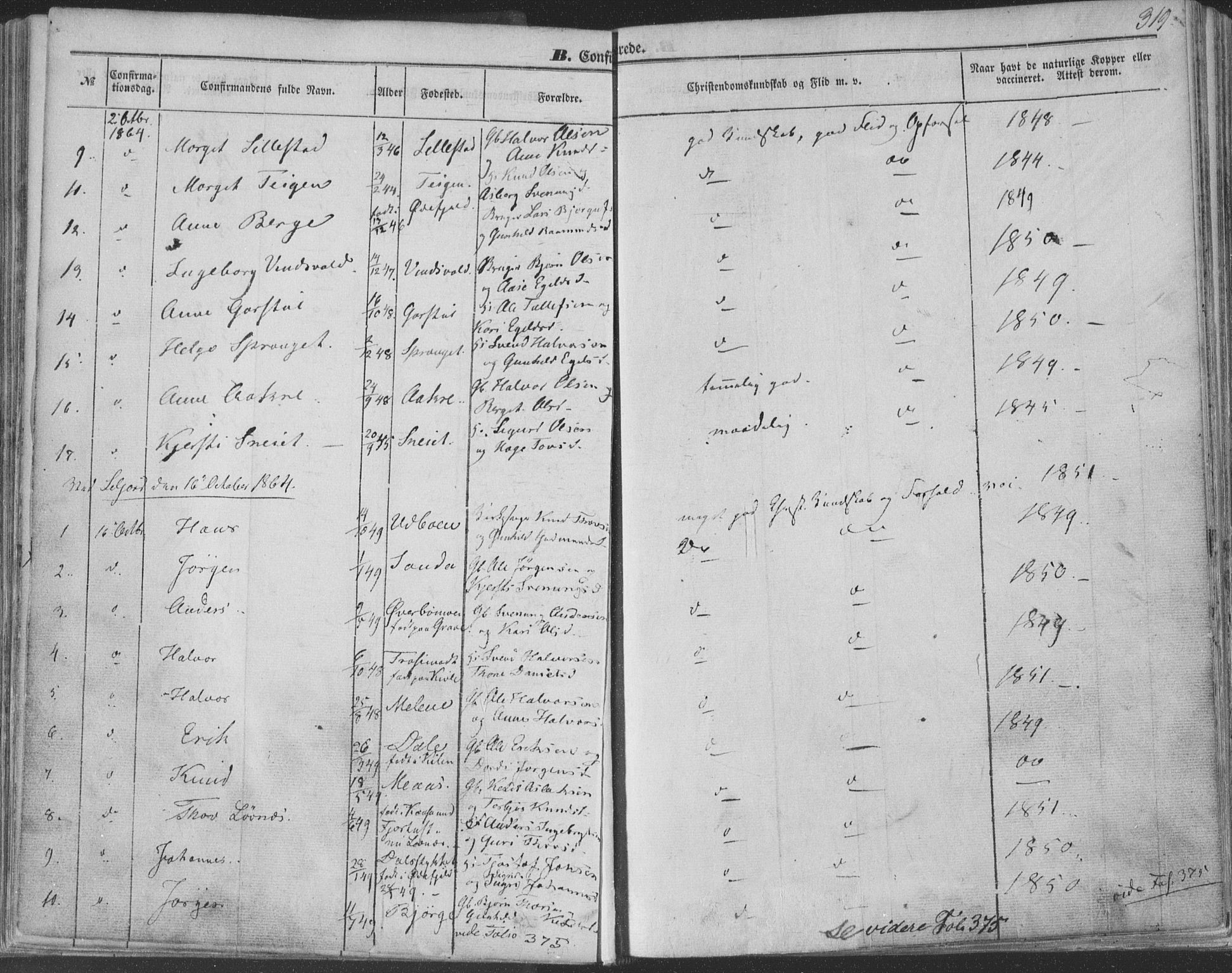 Seljord kirkebøker, AV/SAKO-A-20/F/Fa/L012b: Parish register (official) no. I 12B, 1850-1865, p. 319