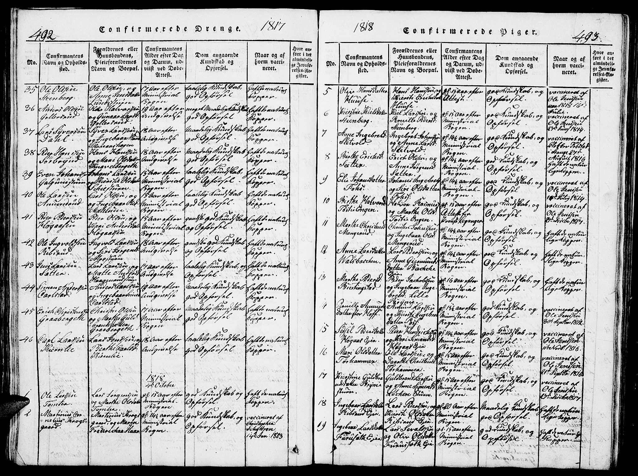 Romedal prestekontor, SAH/PREST-004/L/L0005: Parish register (copy) no. 5, 1814-1829, p. 492-493