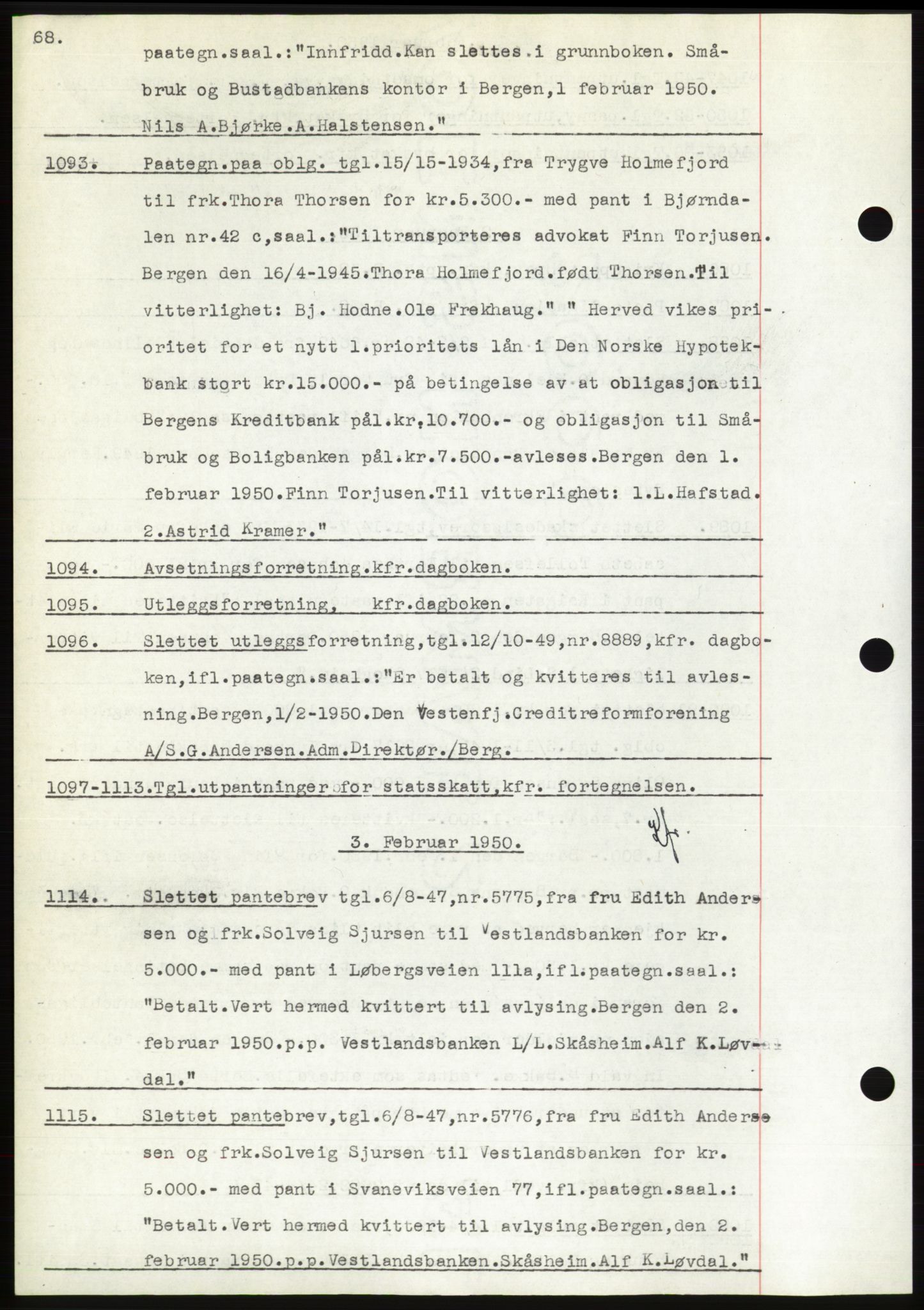 Byfogd og Byskriver i Bergen, AV/SAB-A-3401/03: Mortgage book no. C 38, 1949-1950, Diary no: : 1093/1950
