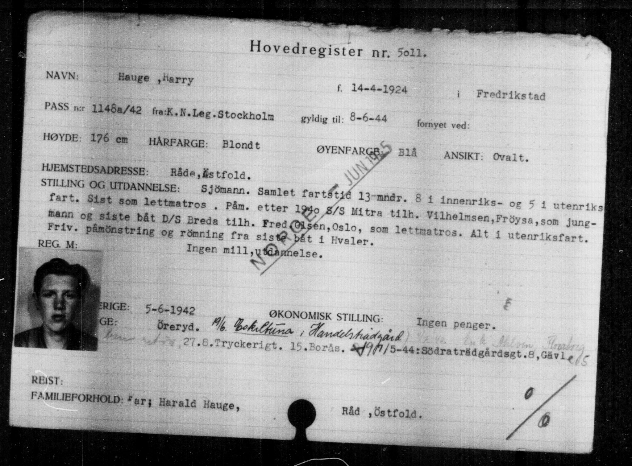 Utenriksstasjonene, Legasjonen i Stockholm, Flyktningkontoret, AV/RA-S-6753/V/Va/L0004: Kjesäterkartoteket, flyktninger med registreringsnr. 3496-6610, 1940-1945, p. 1795