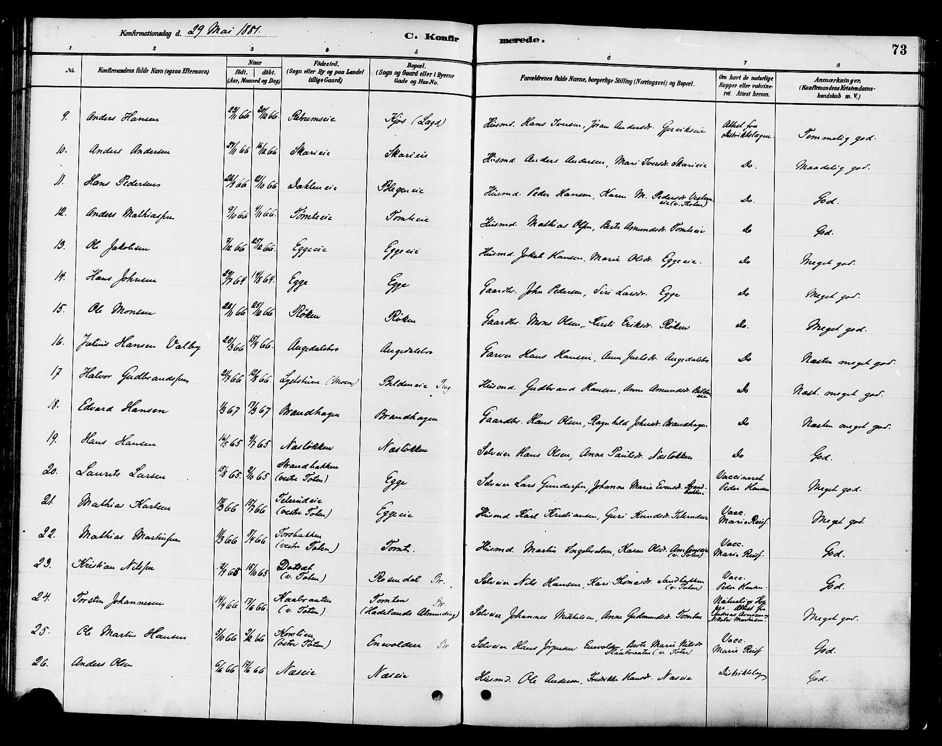Gran prestekontor, SAH/PREST-112/H/Ha/Haa/L0016: Parish register (official) no. 16, 1880-1888, p. 73
