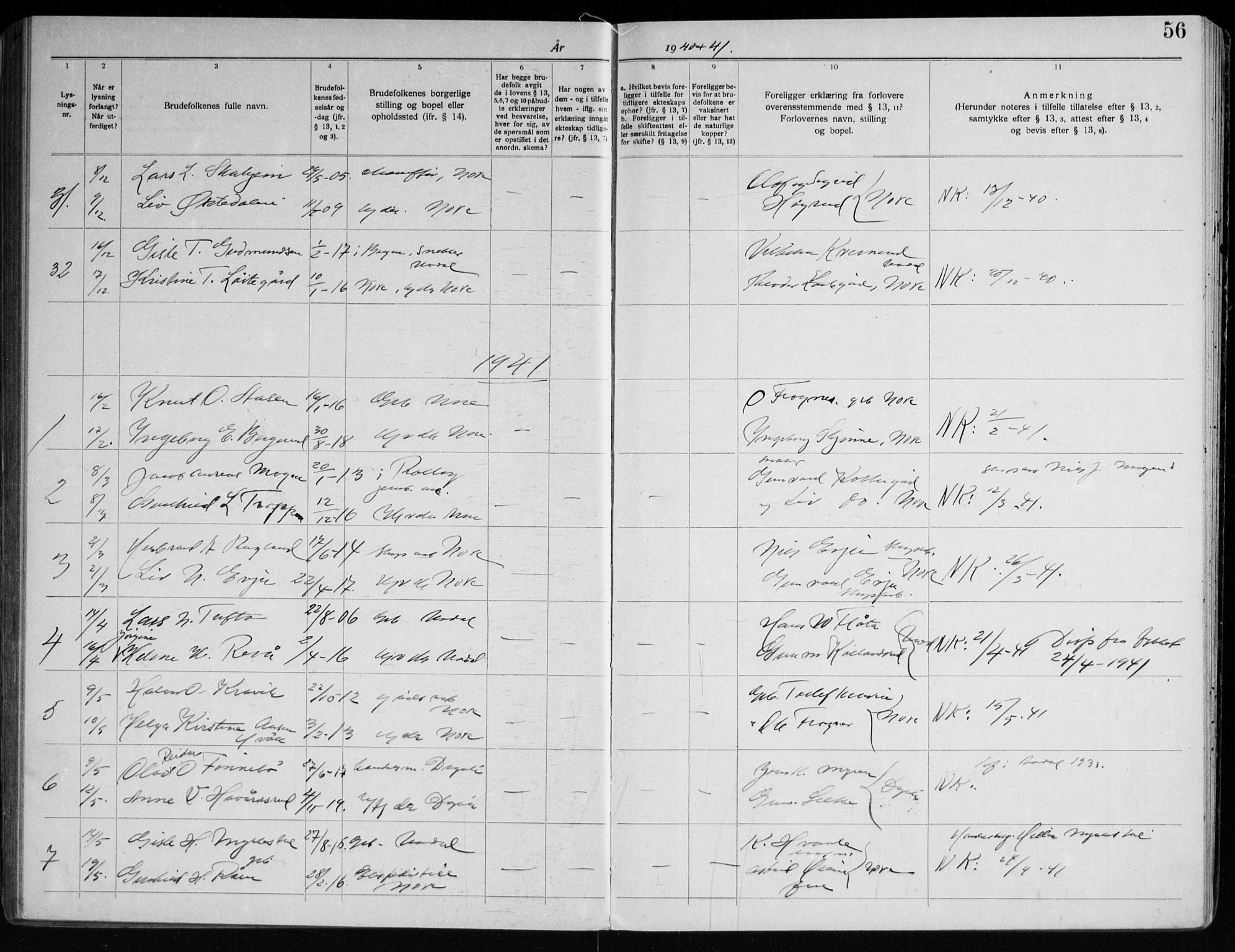 Nore kirkebøker, SAKO/A-238/H/Ha/L0001: Banns register no. 1, 1920-1958, p. 56