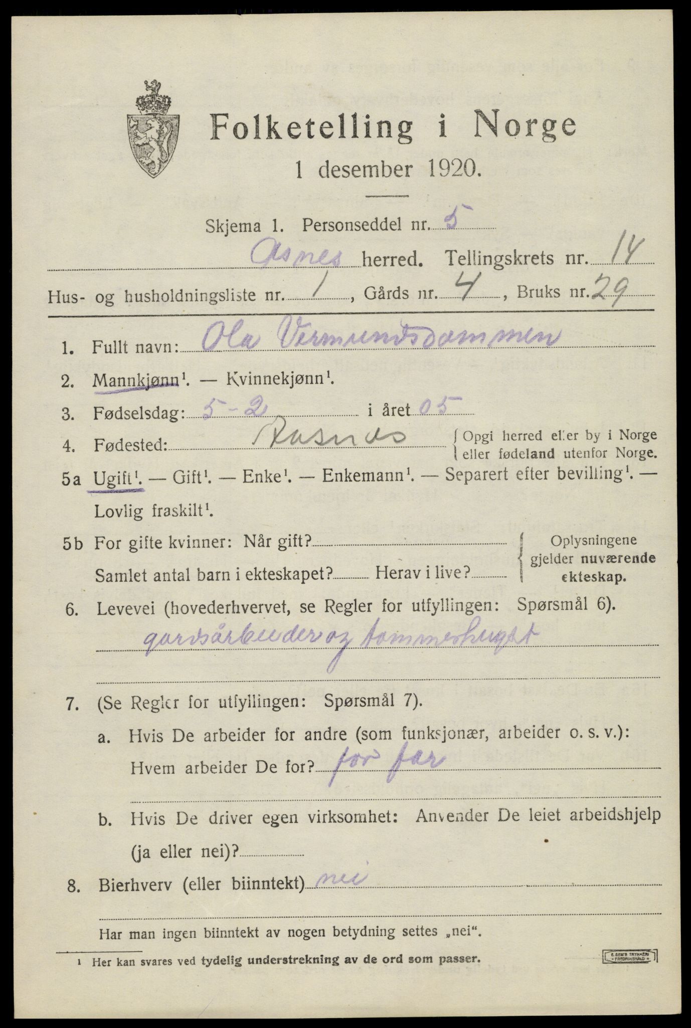 SAH, 1920 census for Åsnes, 1920, p. 13352