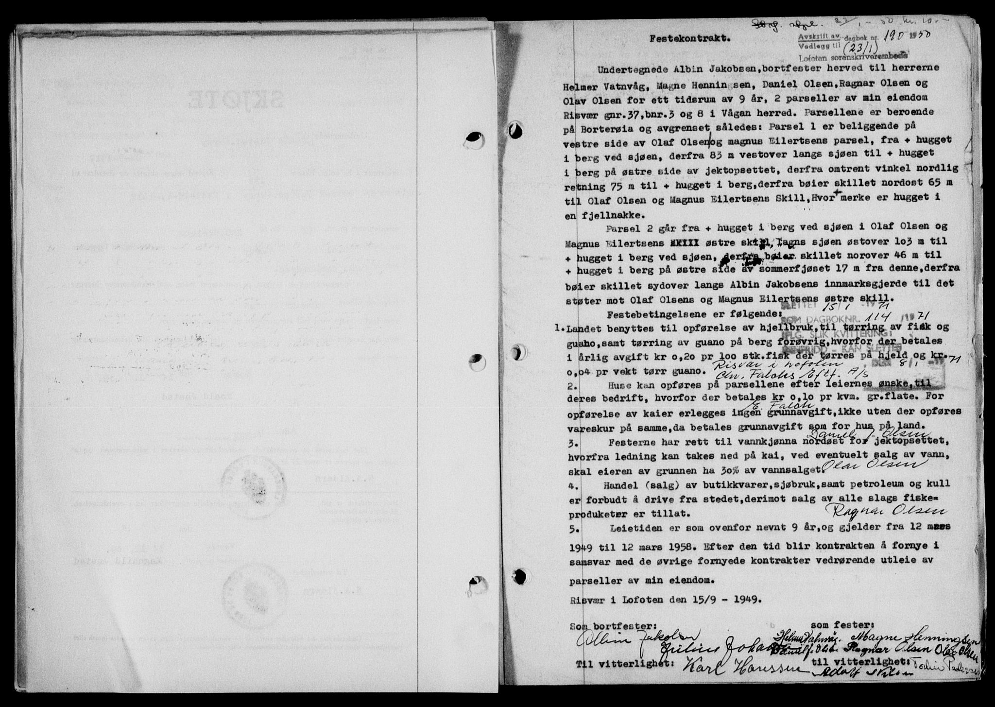 Lofoten sorenskriveri, SAT/A-0017/1/2/2C/L0022a: Mortgage book no. 22a, 1949-1950, Diary no: : 190/1950