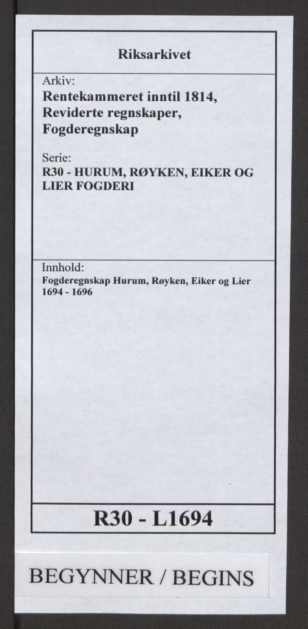Rentekammeret inntil 1814, Reviderte regnskaper, Fogderegnskap, RA/EA-4092/R30/L1694: Fogderegnskap Hurum, Røyken, Eiker og Lier, 1694-1696, p. 1