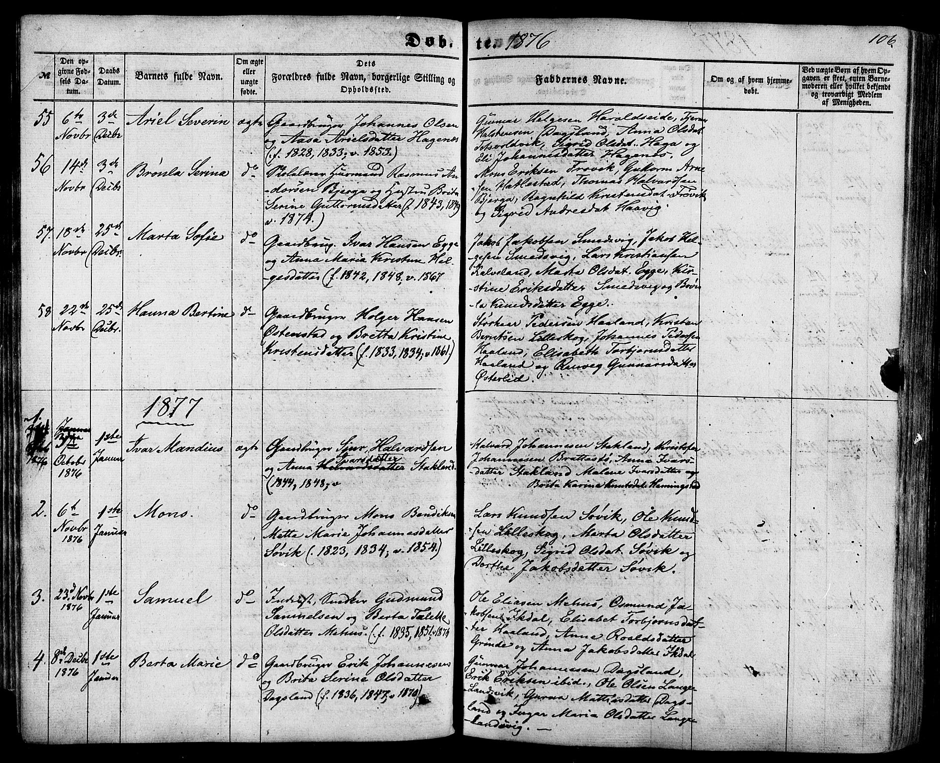 Skjold sokneprestkontor, AV/SAST-A-101847/H/Ha/Haa/L0008: Parish register (official) no. A 8, 1856-1882, p. 106