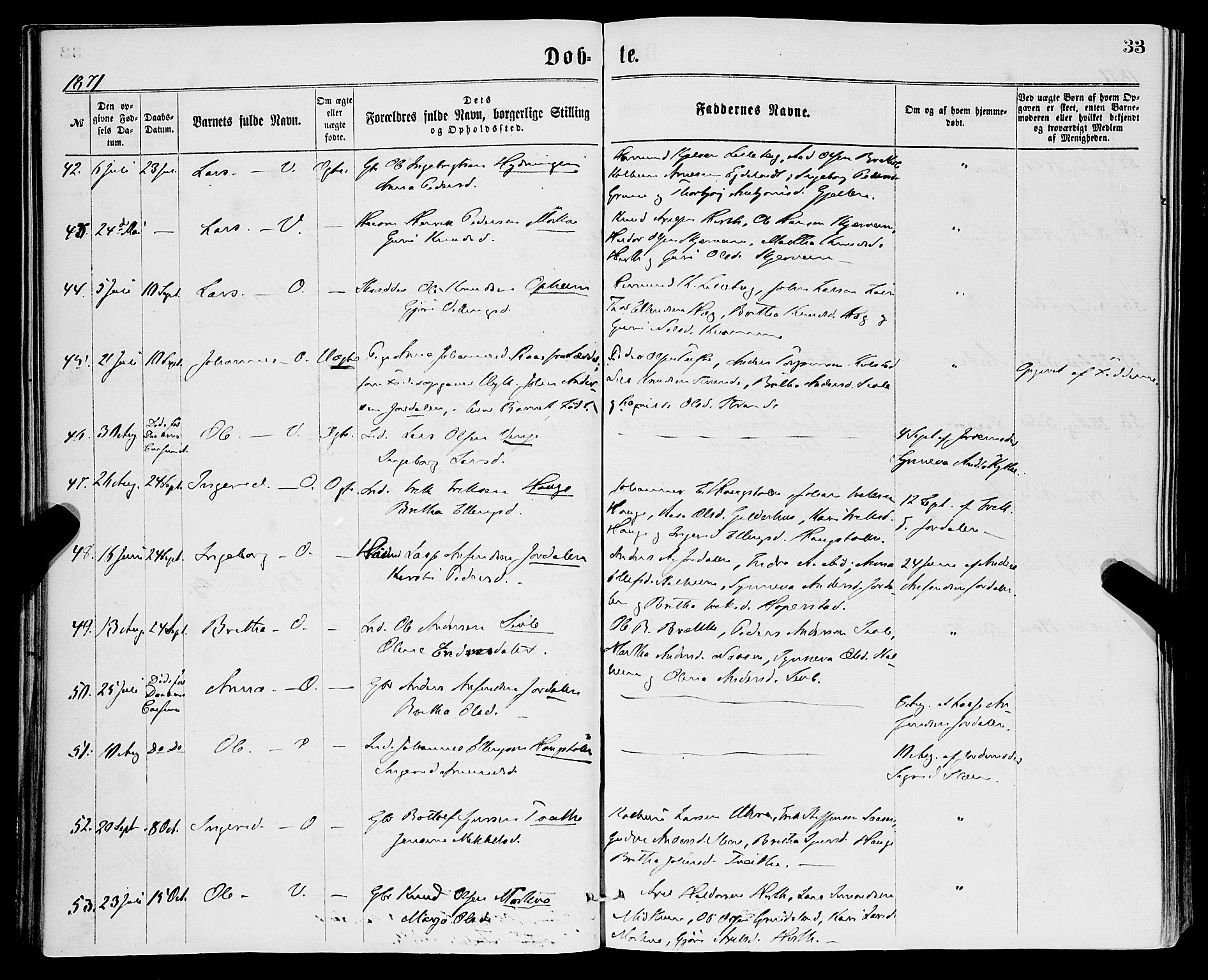 Vossestrand Sokneprestembete, SAB/A-79101/H/Haa: Parish register (official) no. A 1, 1866-1877, p. 33