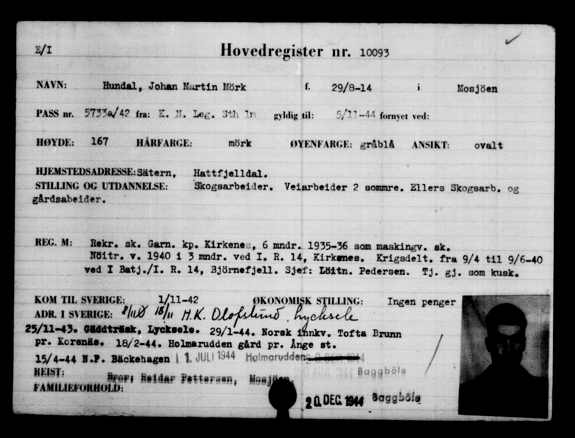 Utenriksstasjonene, Legasjonen i Stockholm, Flyktningkontoret, AV/RA-S-6753/V/Va/L0006: Kjesäterkartoteket, flyktninger med registreringsnr. 9400-12711, 1940-1945, p. 792