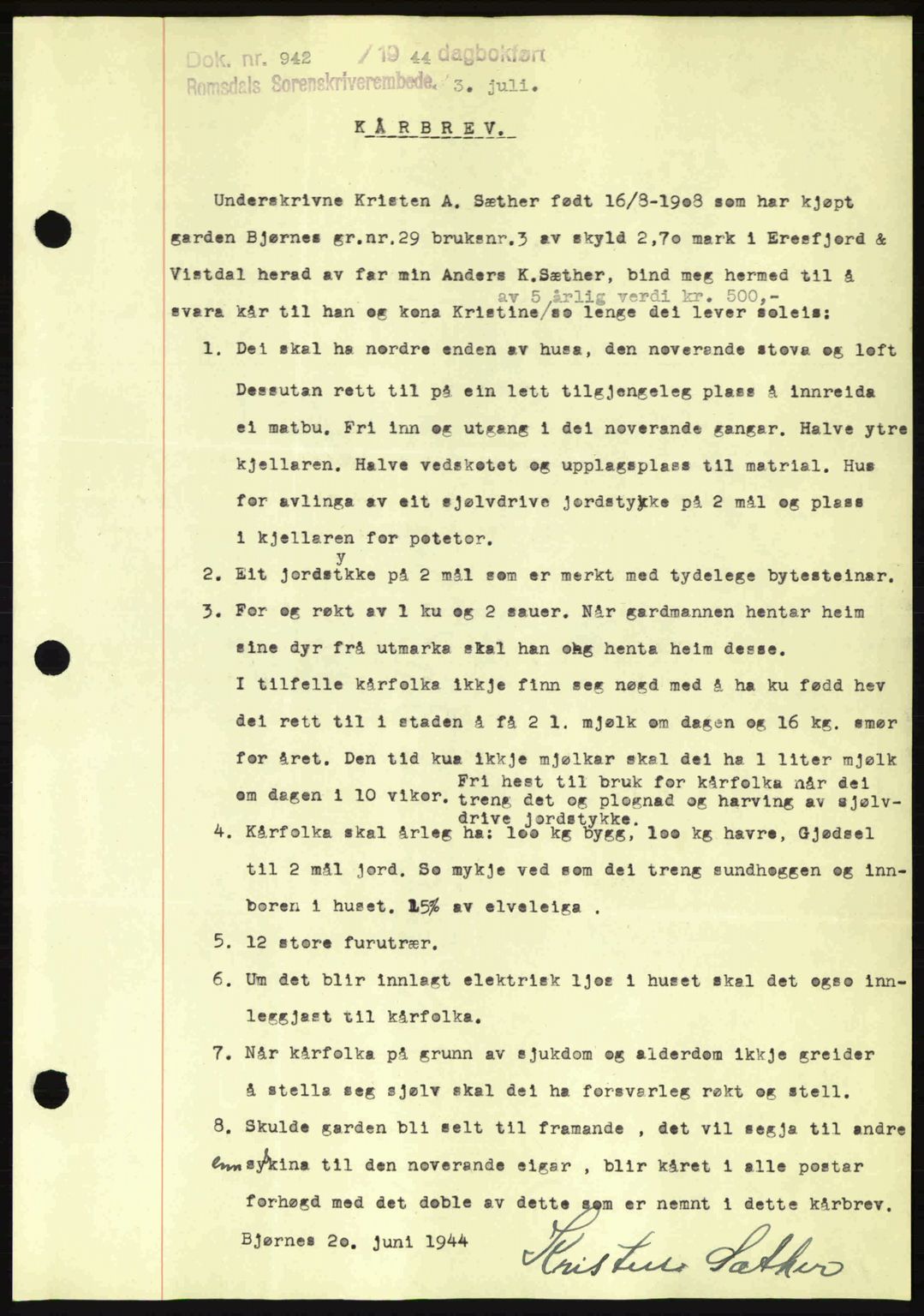 Romsdal sorenskriveri, SAT/A-4149/1/2/2C: Mortgage book no. A16, 1944-1944, Diary no: : 942/1944