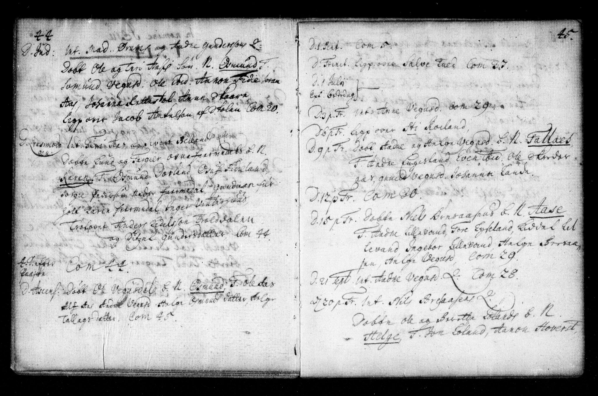 Herefoss sokneprestkontor, AV/SAK-1111-0019/F/Fa/Fab/L0001: Parish register (official) no. A 1, 1704-1779, p. 44-45