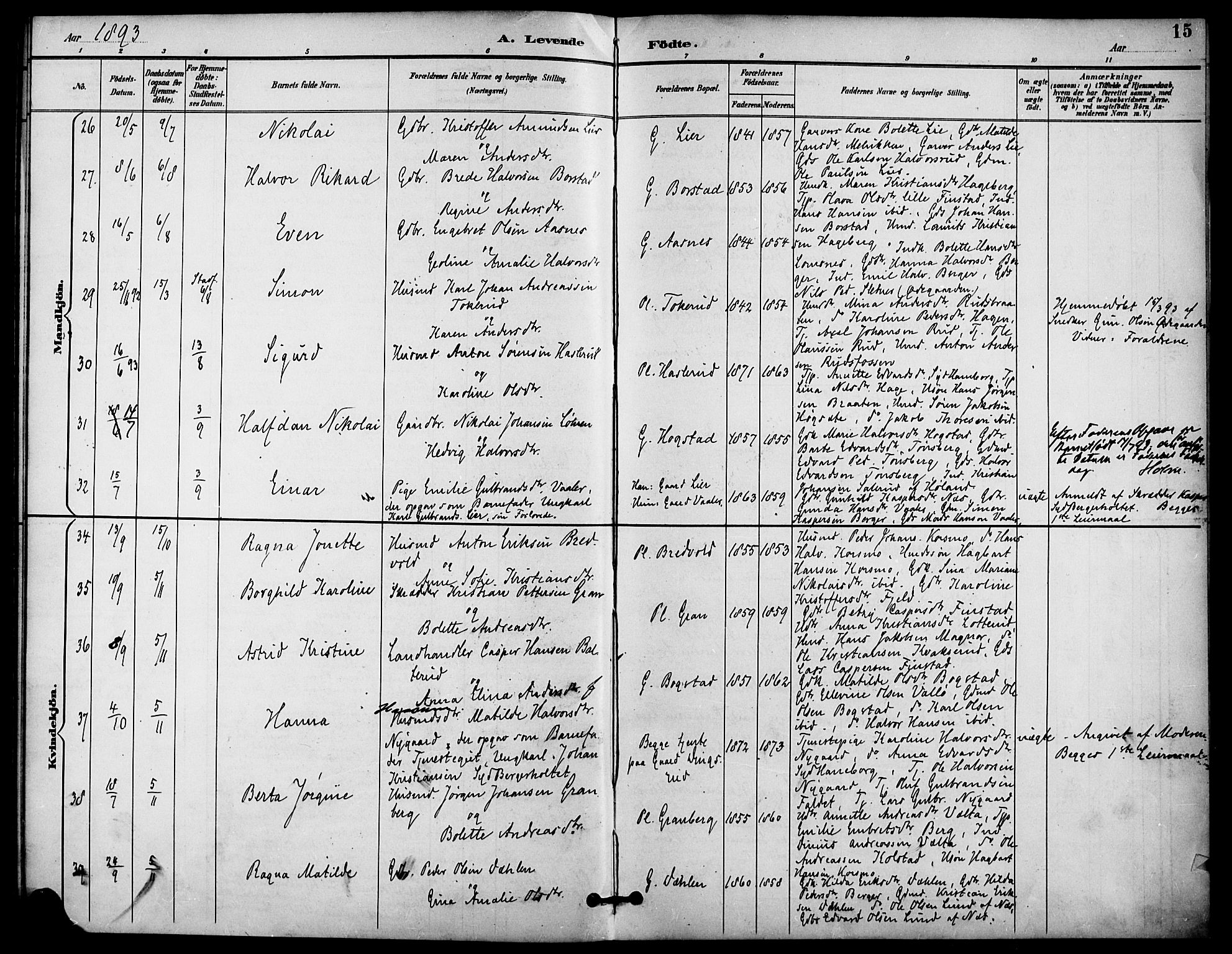 Aurskog prestekontor Kirkebøker, AV/SAO-A-10304a/F/Fa/L0009: Parish register (official) no. I 9, 1891-1898, p. 15