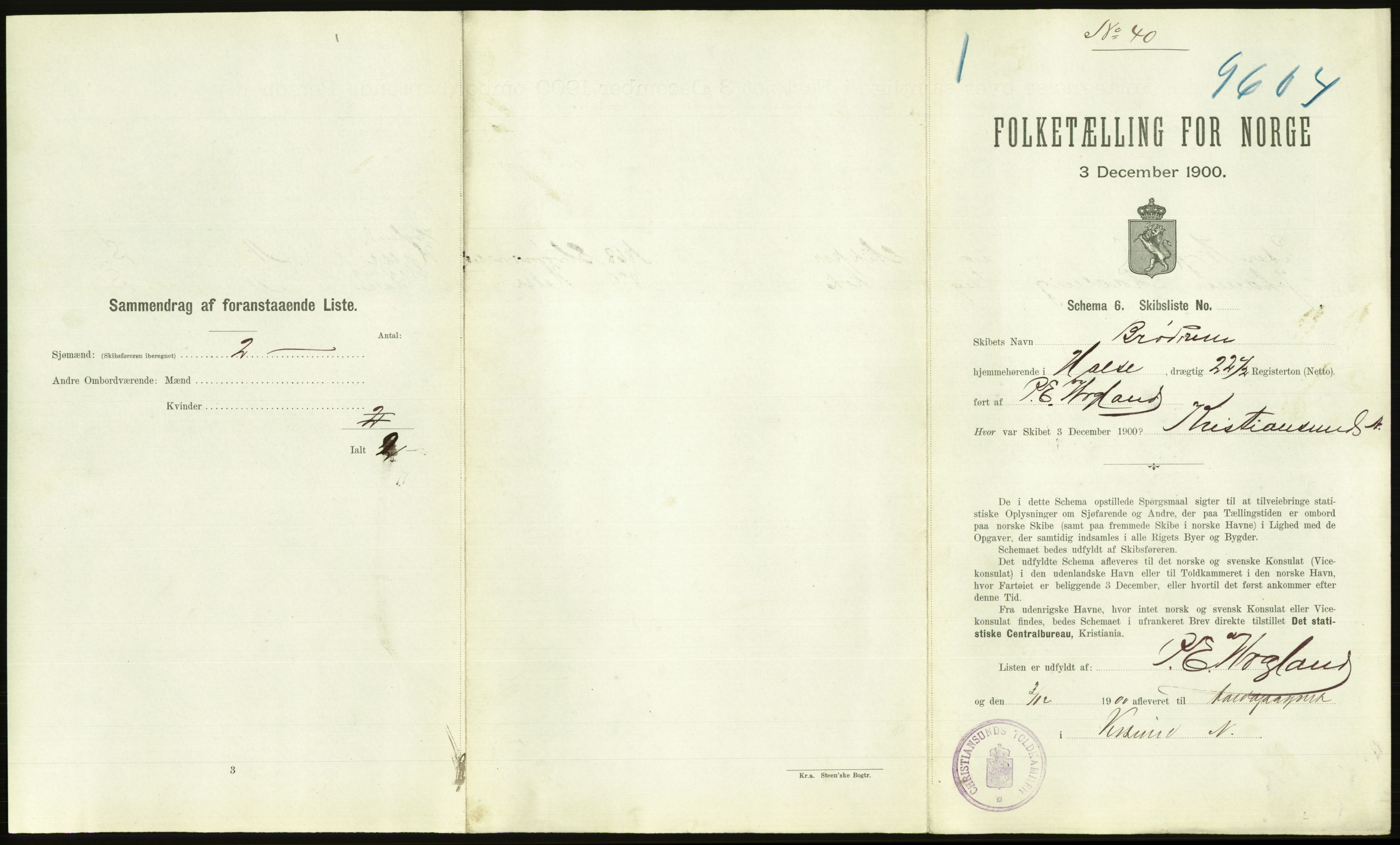 RA, 1900 Census - ship lists from ships in Norwegian harbours, harbours abroad and at sea, 1900, p. 2203