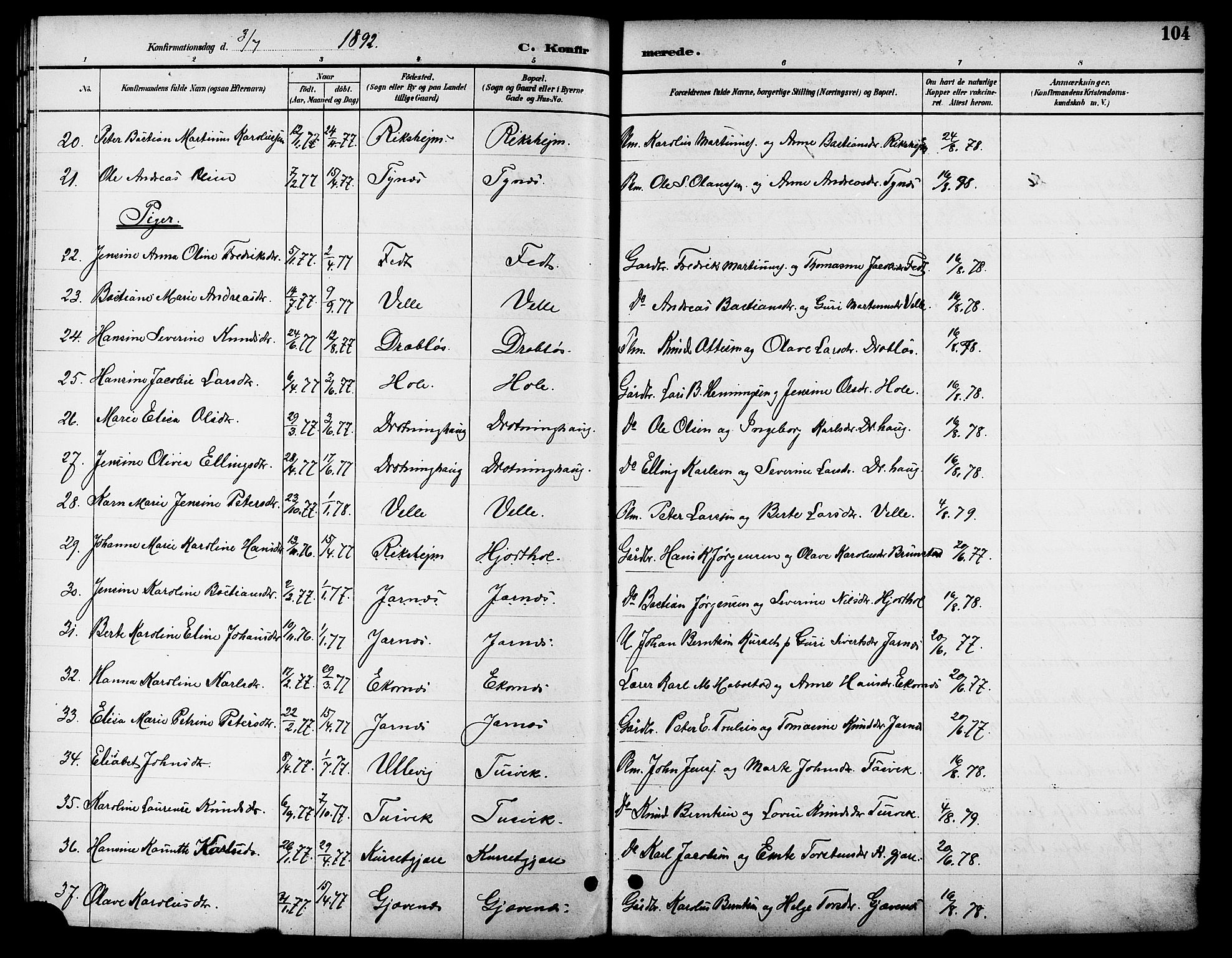 Ministerialprotokoller, klokkerbøker og fødselsregistre - Møre og Romsdal, SAT/A-1454/523/L0340: Parish register (copy) no. 523C03, 1892-1902, p. 104