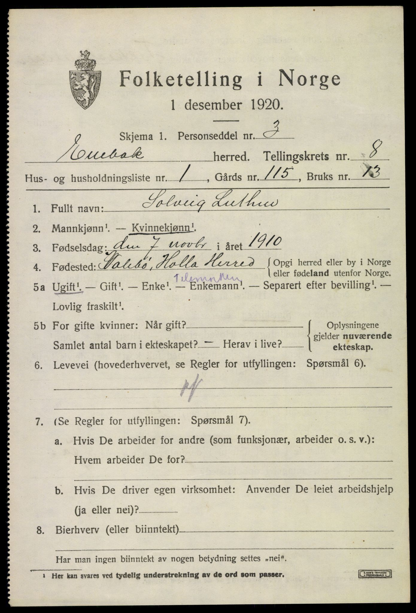 SAO, 1920 census for Enebakk, 1920, p. 6991