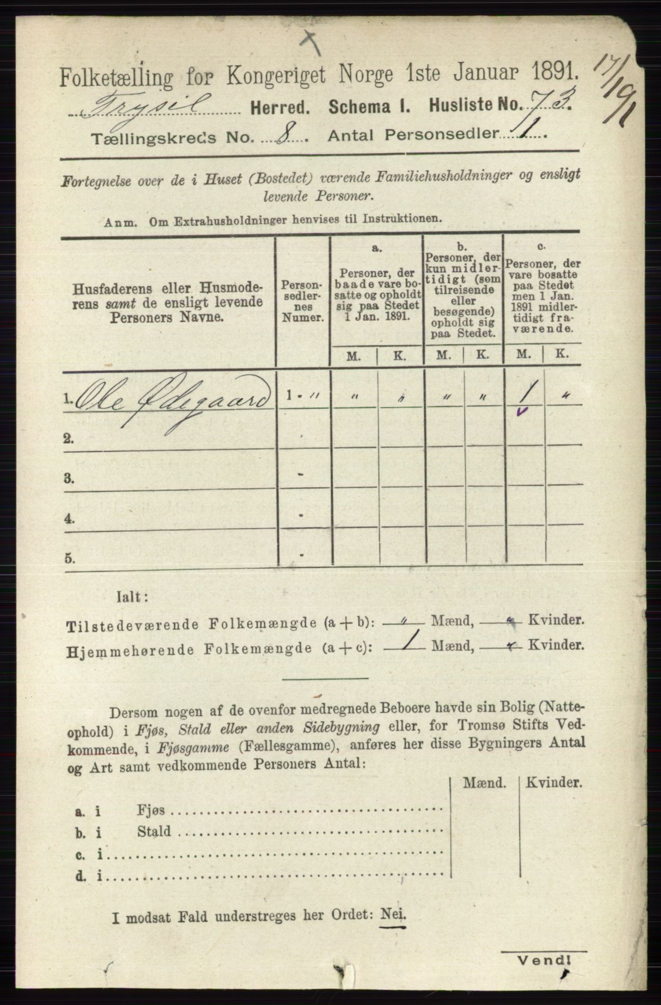 RA, 1891 census for 0428 Trysil, 1891, p. 3637