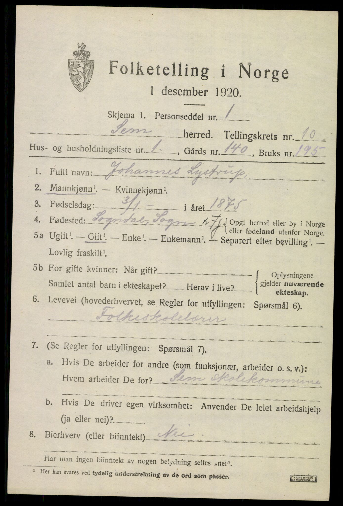 SAKO, 1920 census for Sem, 1920, p. 13413