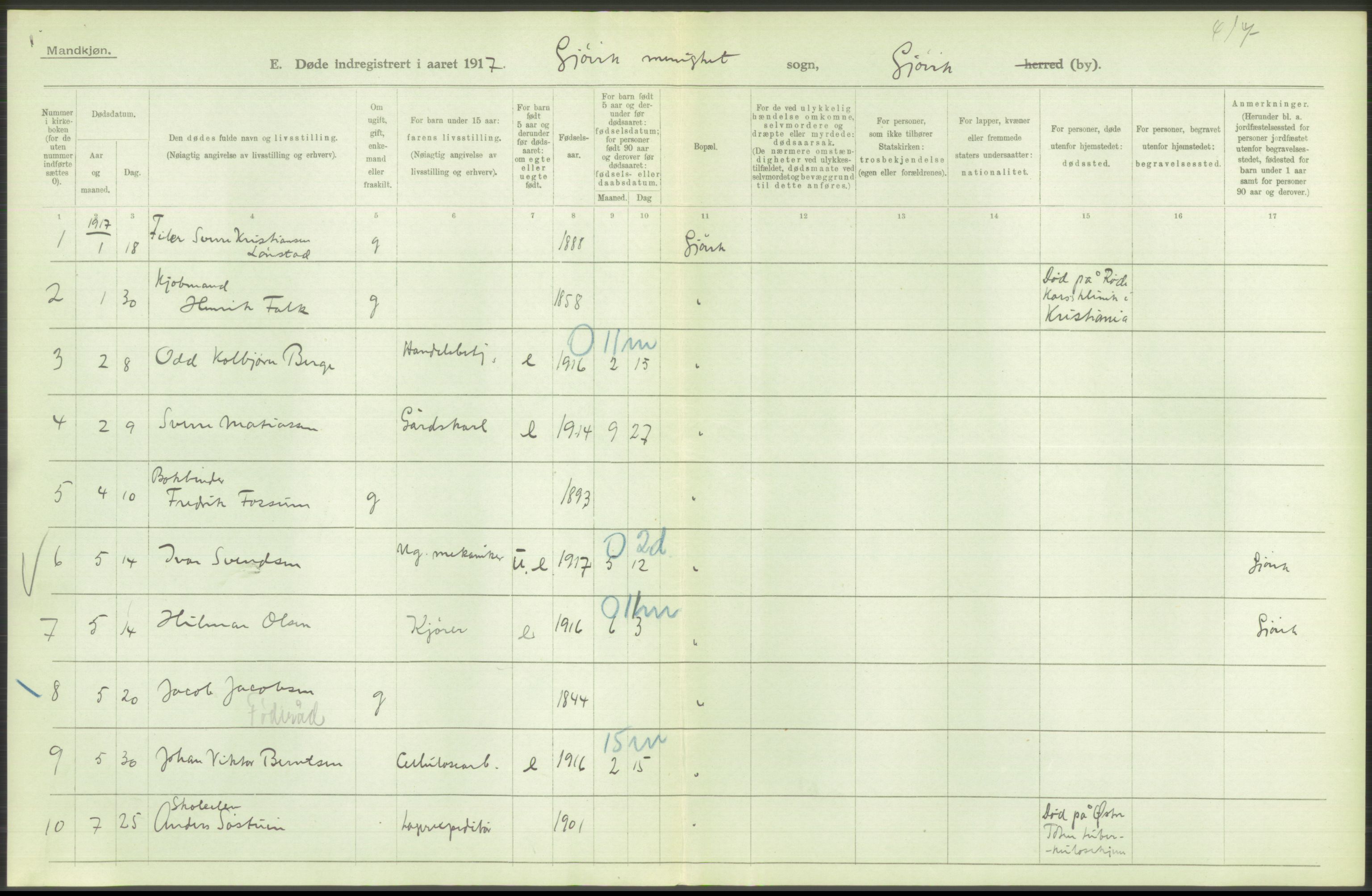 Statistisk sentralbyrå, Sosiodemografiske emner, Befolkning, AV/RA-S-2228/D/Df/Dfb/Dfbg/L0017: Kristians amt: Døde. Bygder, byer., 1917, p. 12