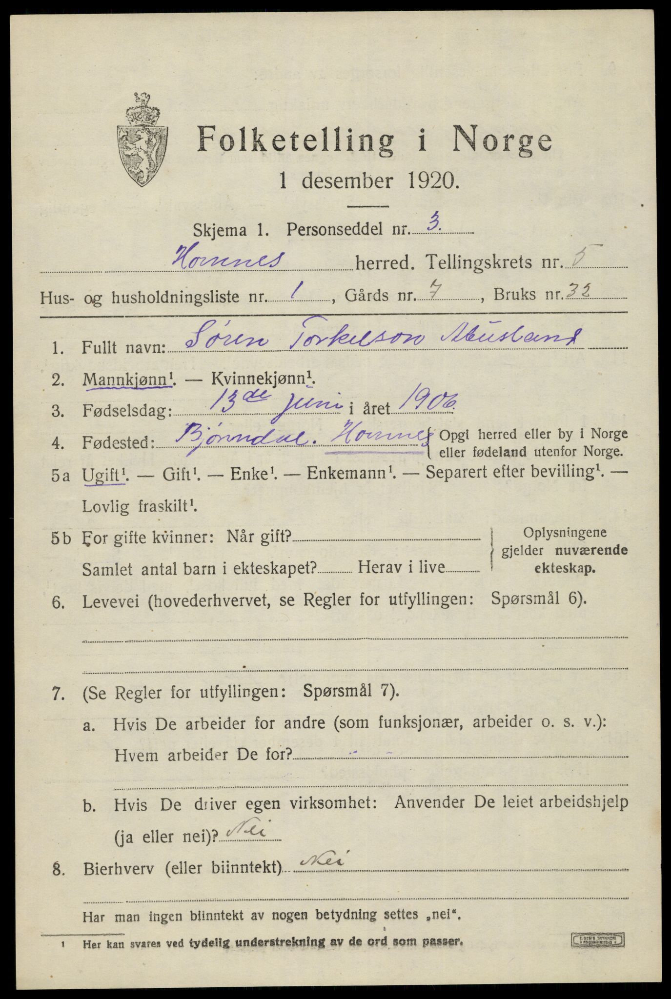 SAK, 1920 census for Hornnes, 1920, p. 1339