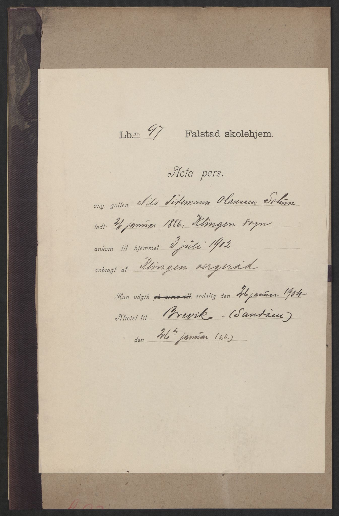 Falstad skolehjem, AV/RA-S-1676/E/Eb/L0004: Elevmapper løpenr. 81-98, 1901-1909, p. 275