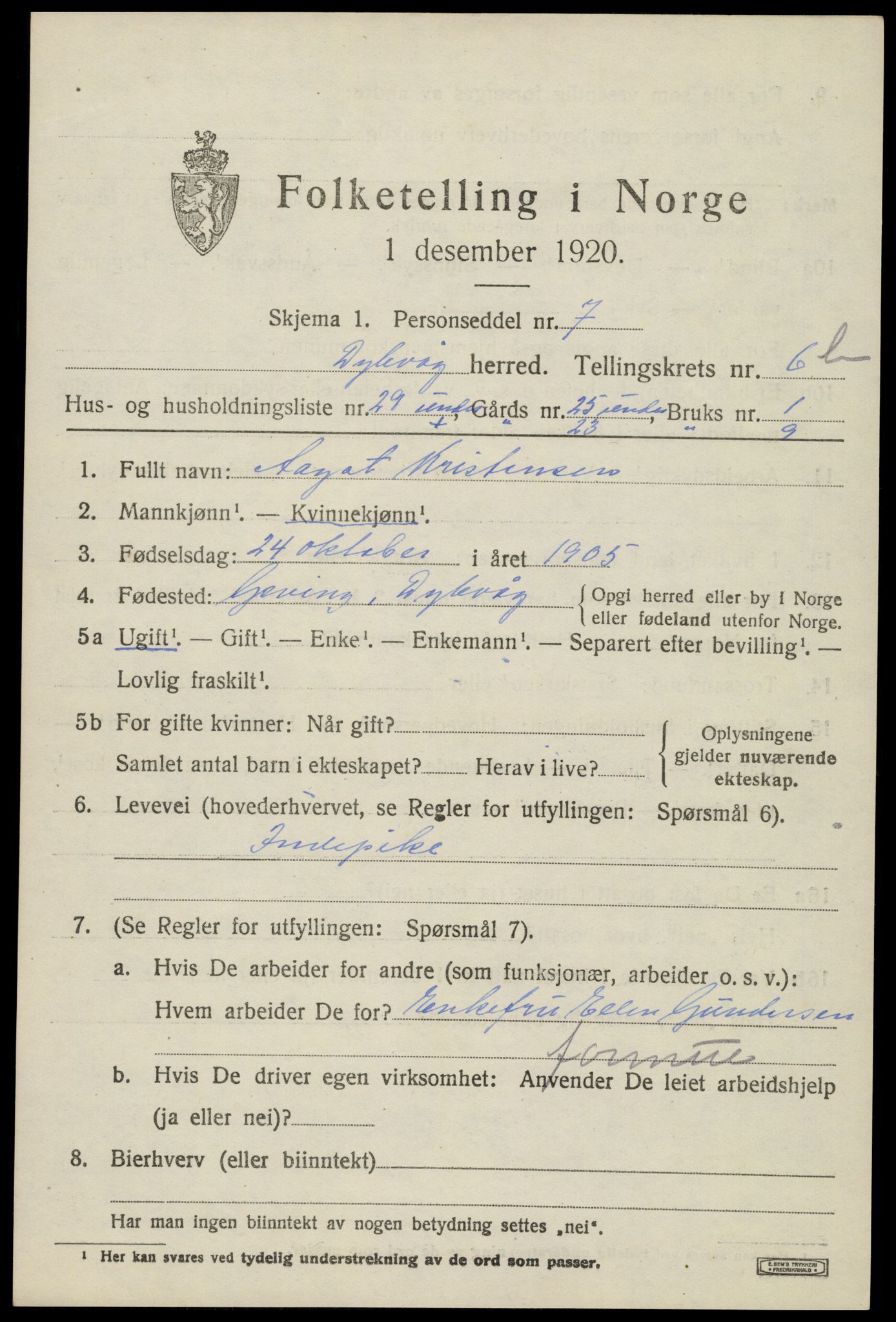 SAK, 1920 census for Dypvåg, 1920, p. 5729