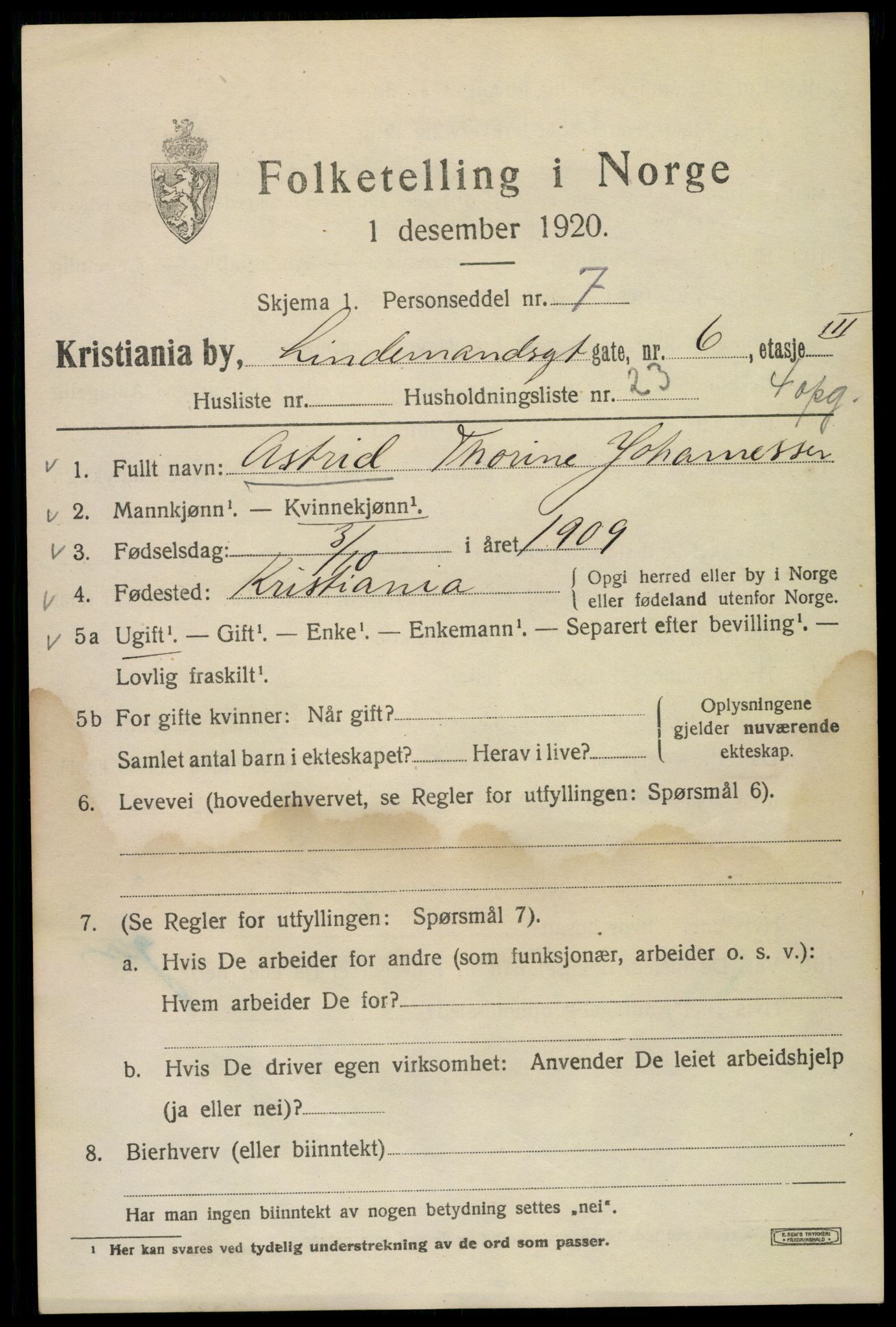 SAO, 1920 census for Kristiania, 1920, p. 365045