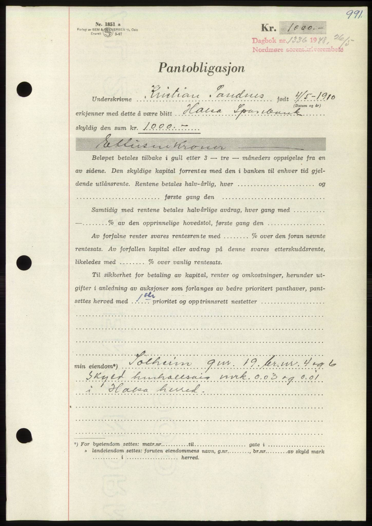 Nordmøre sorenskriveri, AV/SAT-A-4132/1/2/2Ca: Mortgage book no. B98, 1948-1948, Diary no: : 1336/1948