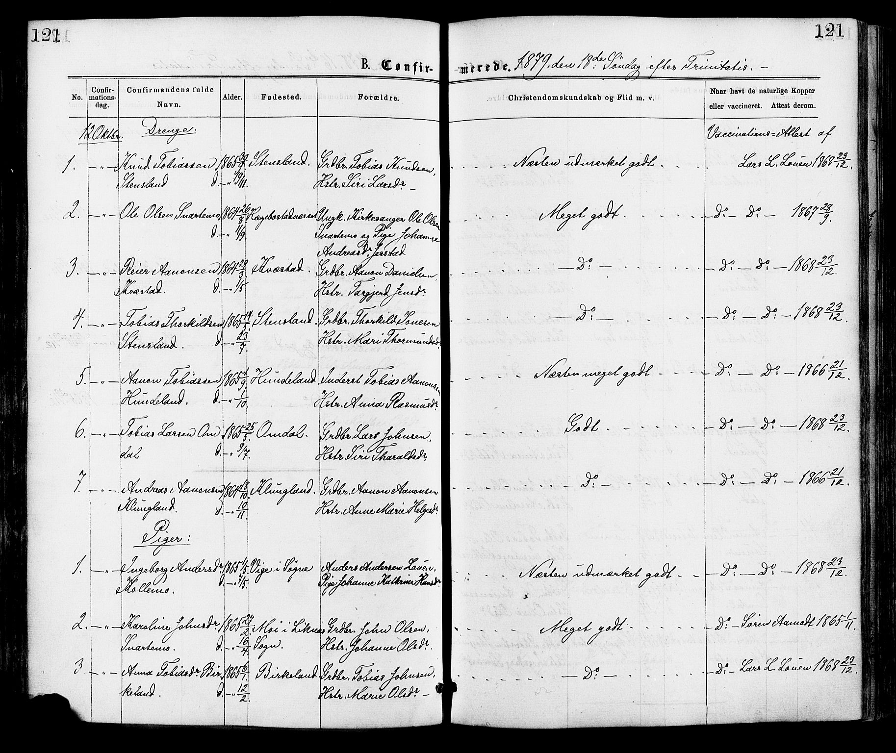 Hægebostad sokneprestkontor, AV/SAK-1111-0024/F/Fa/Faa/L0005: Parish register (official) no. A 5, 1864-1886, p. 121